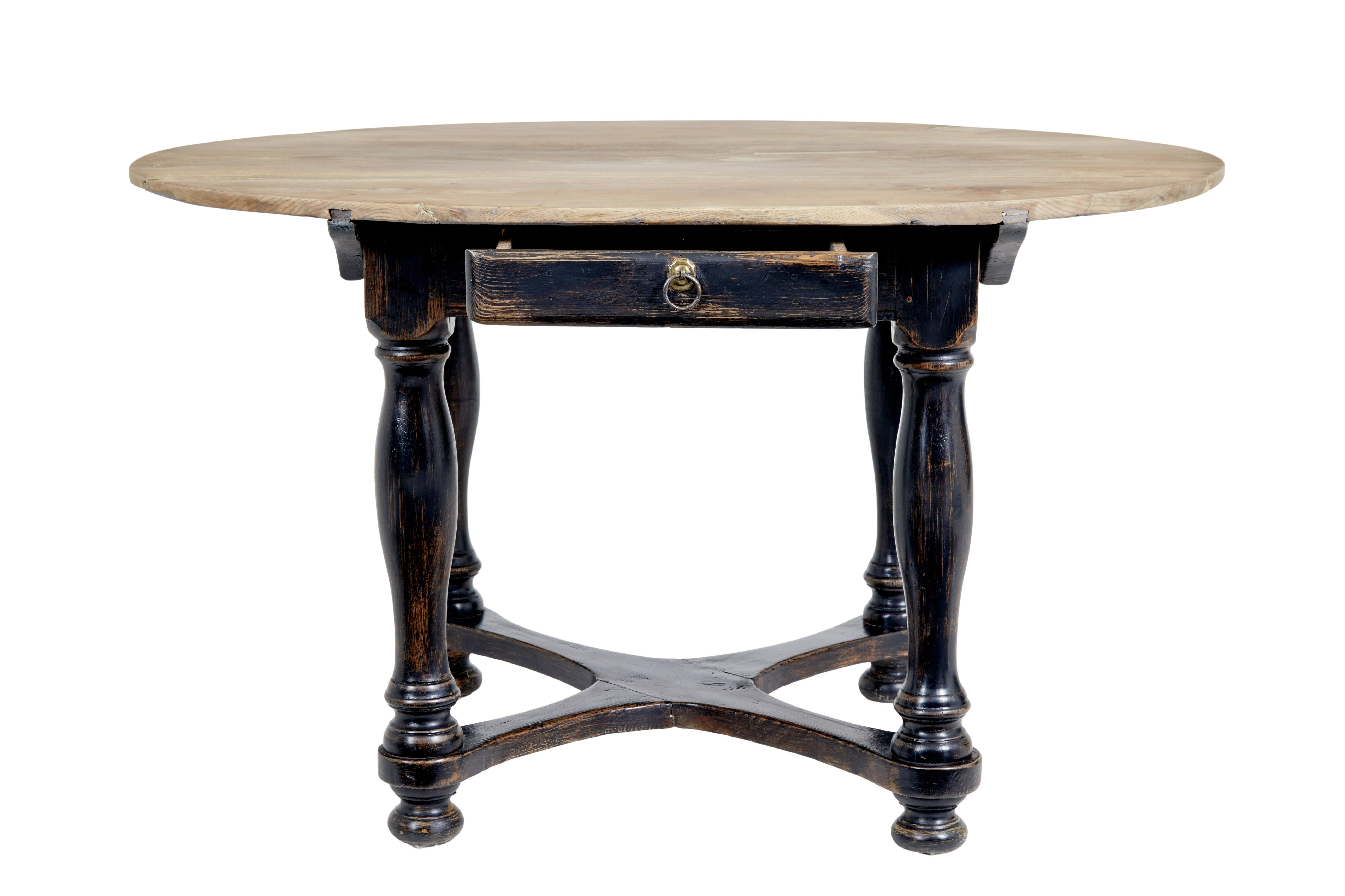Mid-19th century painted oak occasional table circa 1860.

Good quality table with multiple uses around the home. Could function equally well as a kitchen dining table, center table or sofa table.

Oval shaped solid oak top with obvious historic