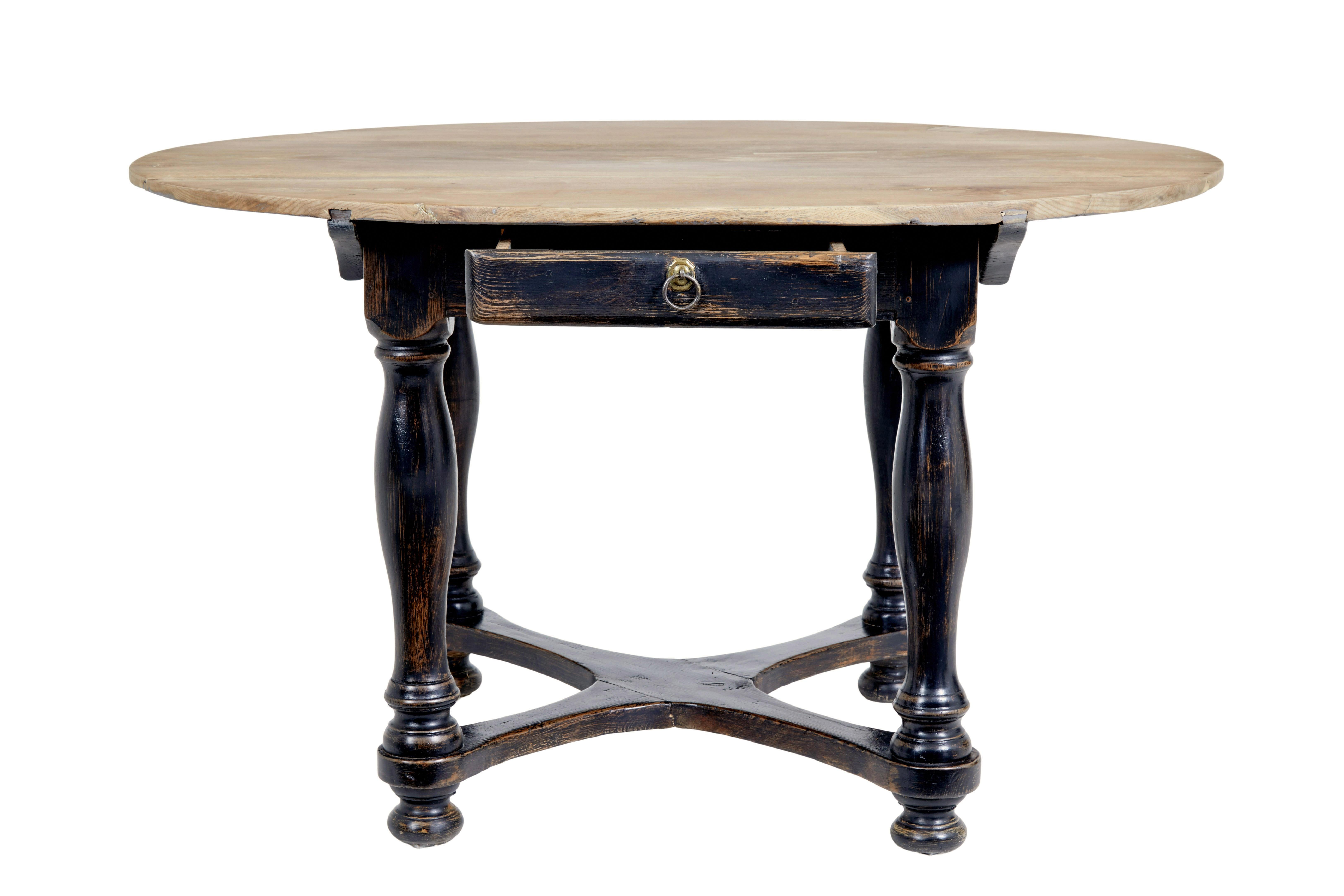 Mid 19th century painted oak occasional table circa 1860.

Good quality table with multiple uses around the home.  Could function equally well as a kitchen dining table, center table or sofa table.

Oval shaped solid oak top with obvious historic
