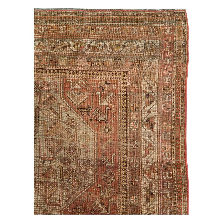 Rustic Mid-20th Century Handmade Distressed Persian Shiraz Accent Rug In Fair Condition For Sale In New York, NY