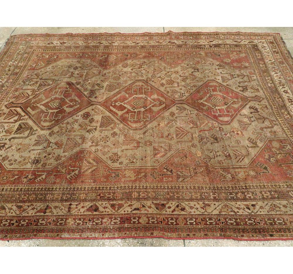 Rustic Mid-20th Century Handmade Distressed Persian Shiraz Accent Rug For Sale 3
