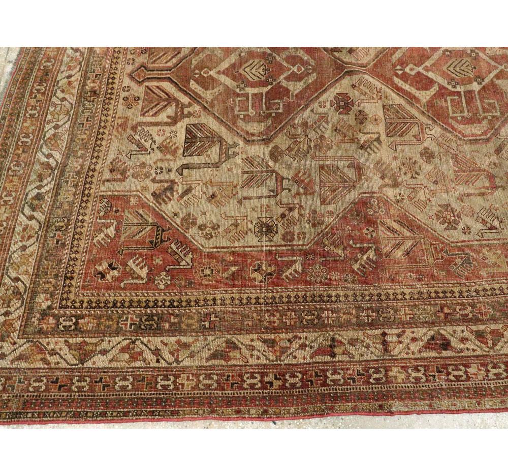Rustic Mid-20th Century Handmade Distressed Persian Shiraz Accent Rug For Sale 4