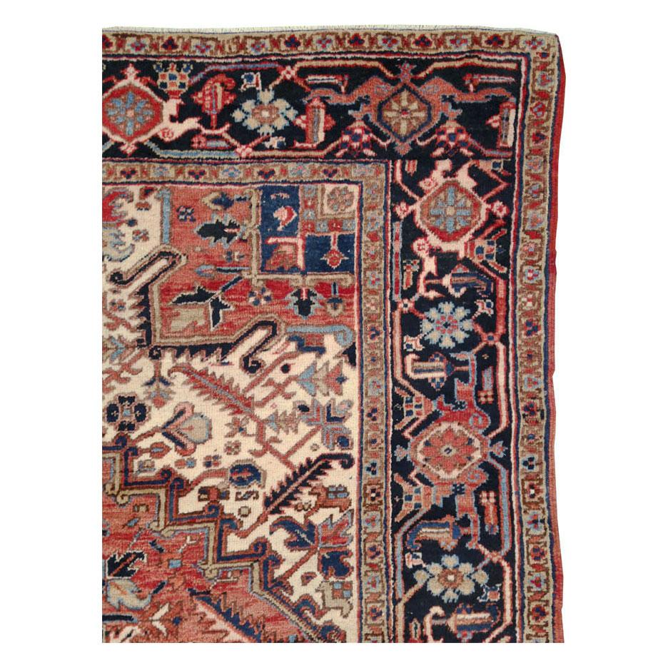 Rustic Mid-20th Century Handmade Persian Heriz Room Size Rug In Excellent Condition In New York, NY