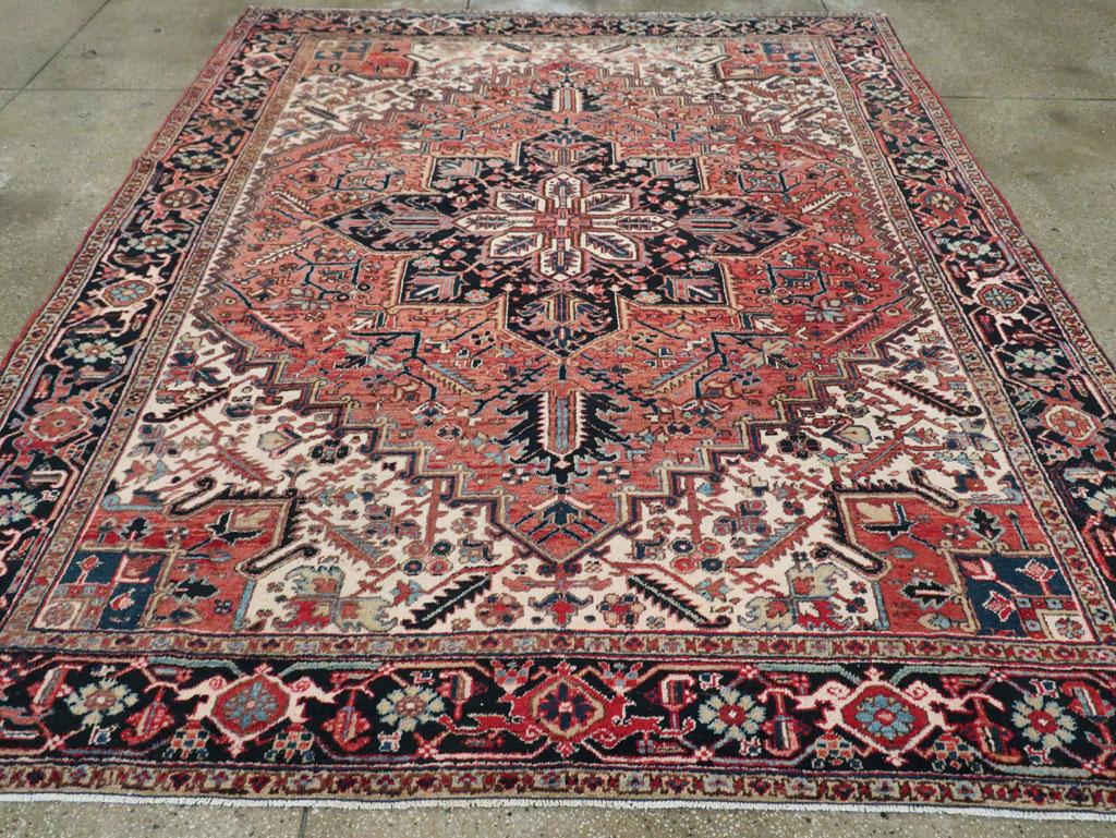 Wool Rustic Mid-20th Century Handmade Persian Heriz Room Size Rug