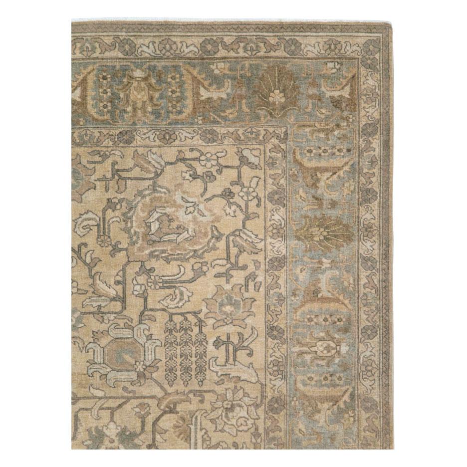 Hand-Knotted Rustic Mid-20th Century Handmade Persian Tabriz Room Size Accent Rug in Cream