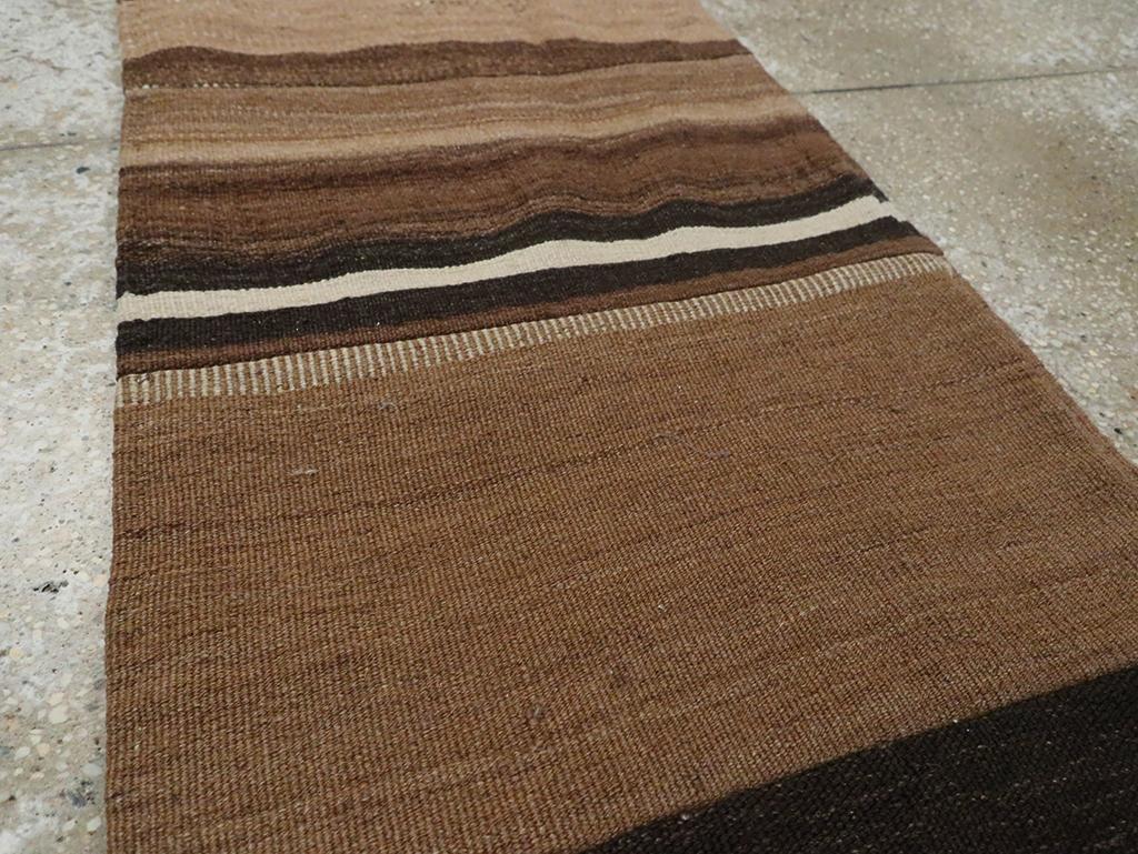 Wool Rustic Mid-20th Century Handmade Turkish Flatweave Kilim Runner in Brown For Sale