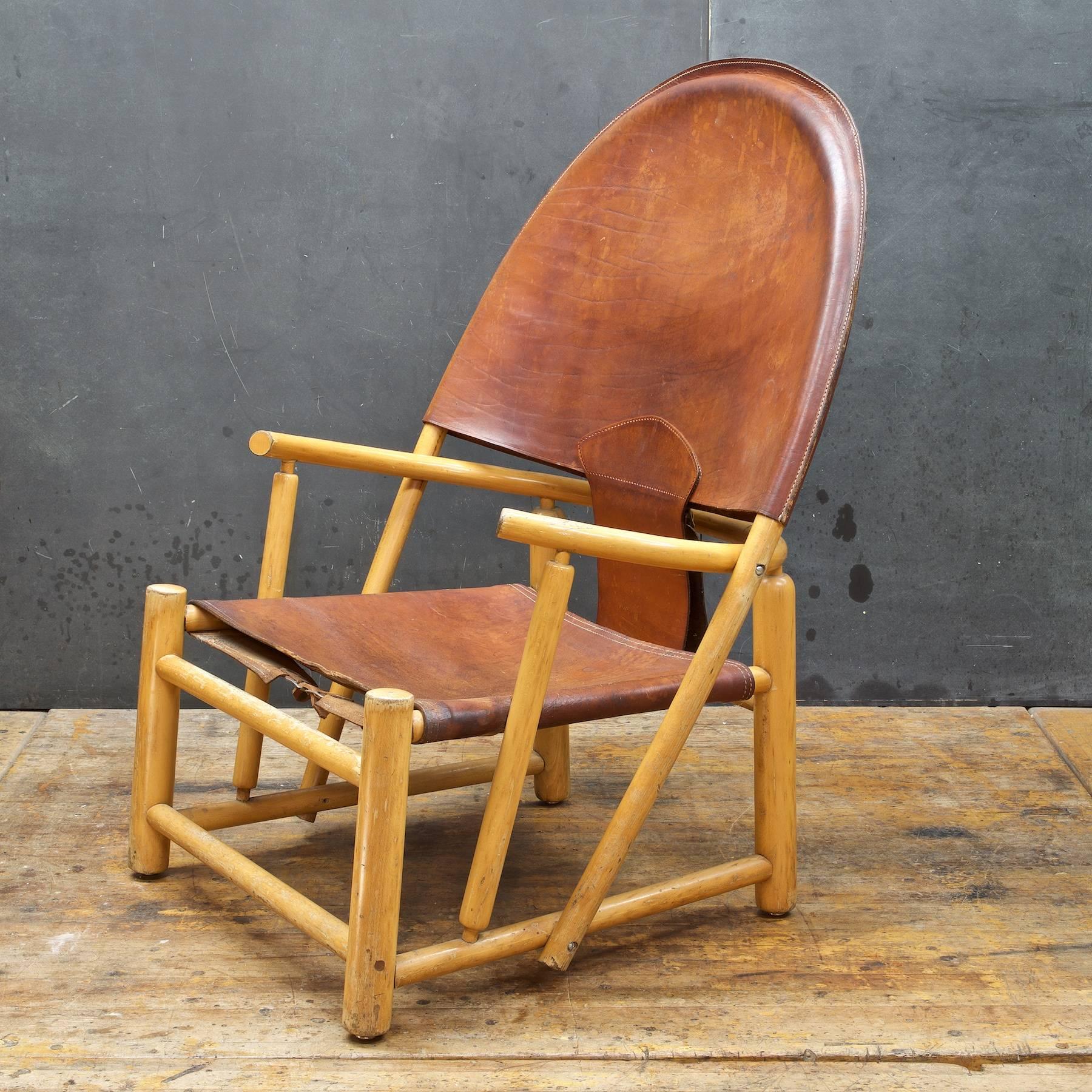 Mid-Century Modern Italian Leather Sling Chair Rustic Mid-Century Alps Cabin Ski Chalet Hoop Lounge