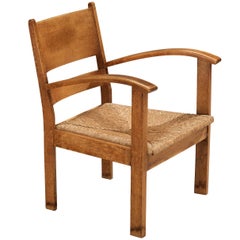 Rustic Mid-Century Armchair in Oak and Straw