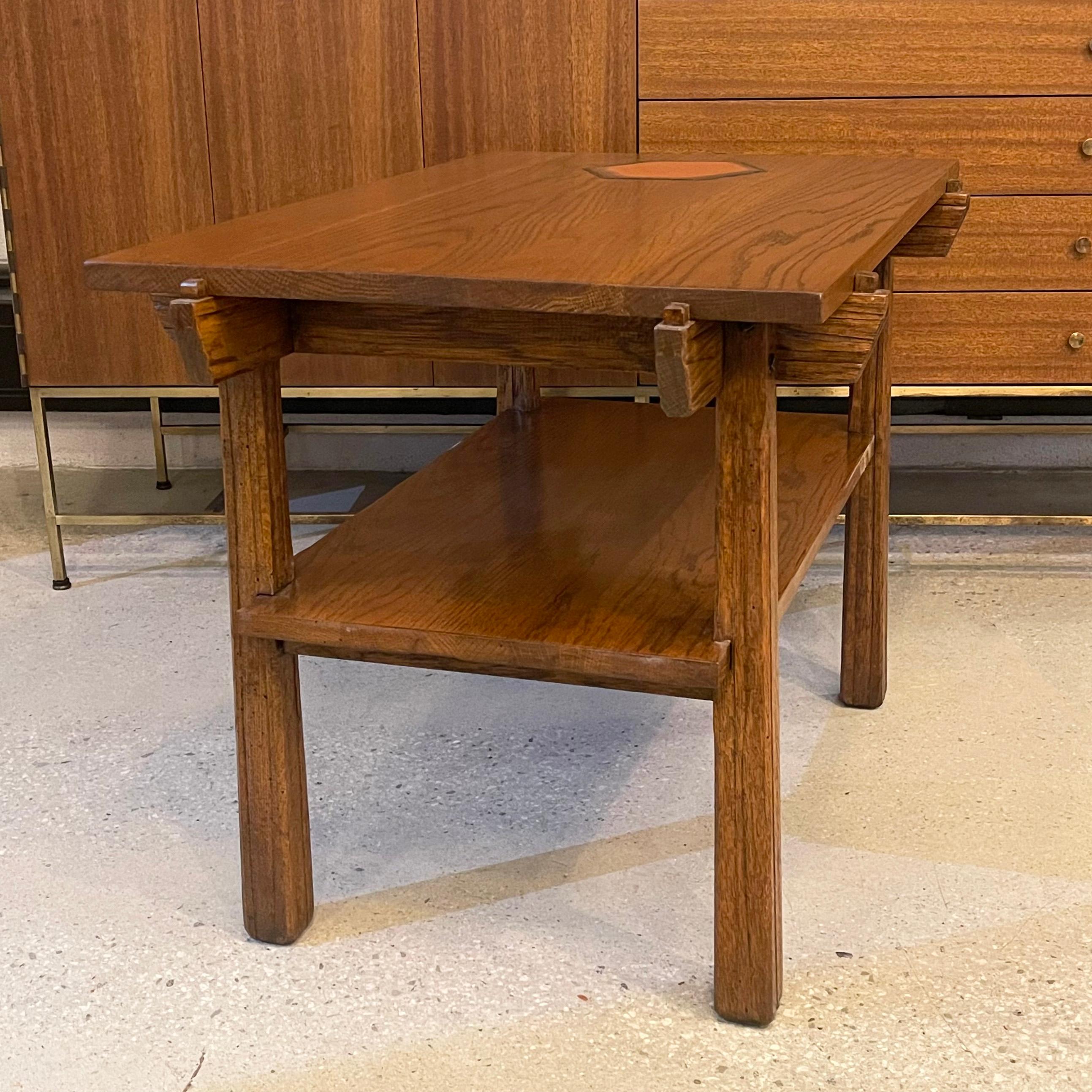 Rustic Mid-Century Modern Tiered Oak Side Table For Sale 2