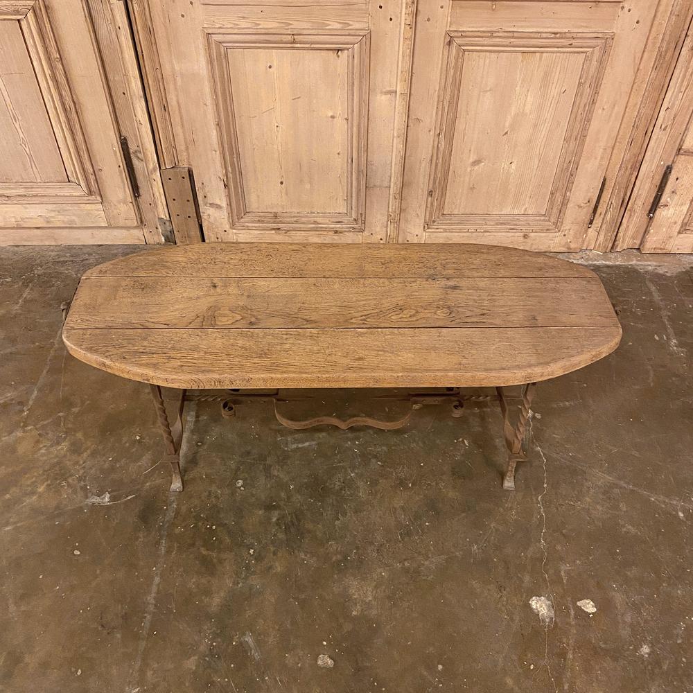 French Rustic Midcentury Oak and Wrought Iron Coffee Table
