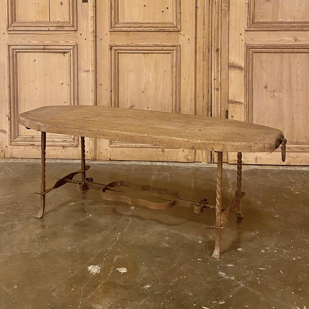 Hand-Crafted Rustic Midcentury Oak and Wrought Iron Coffee Table