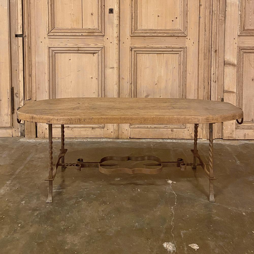 Rustic Midcentury Oak and Wrought Iron Coffee Table In Good Condition In Dallas, TX