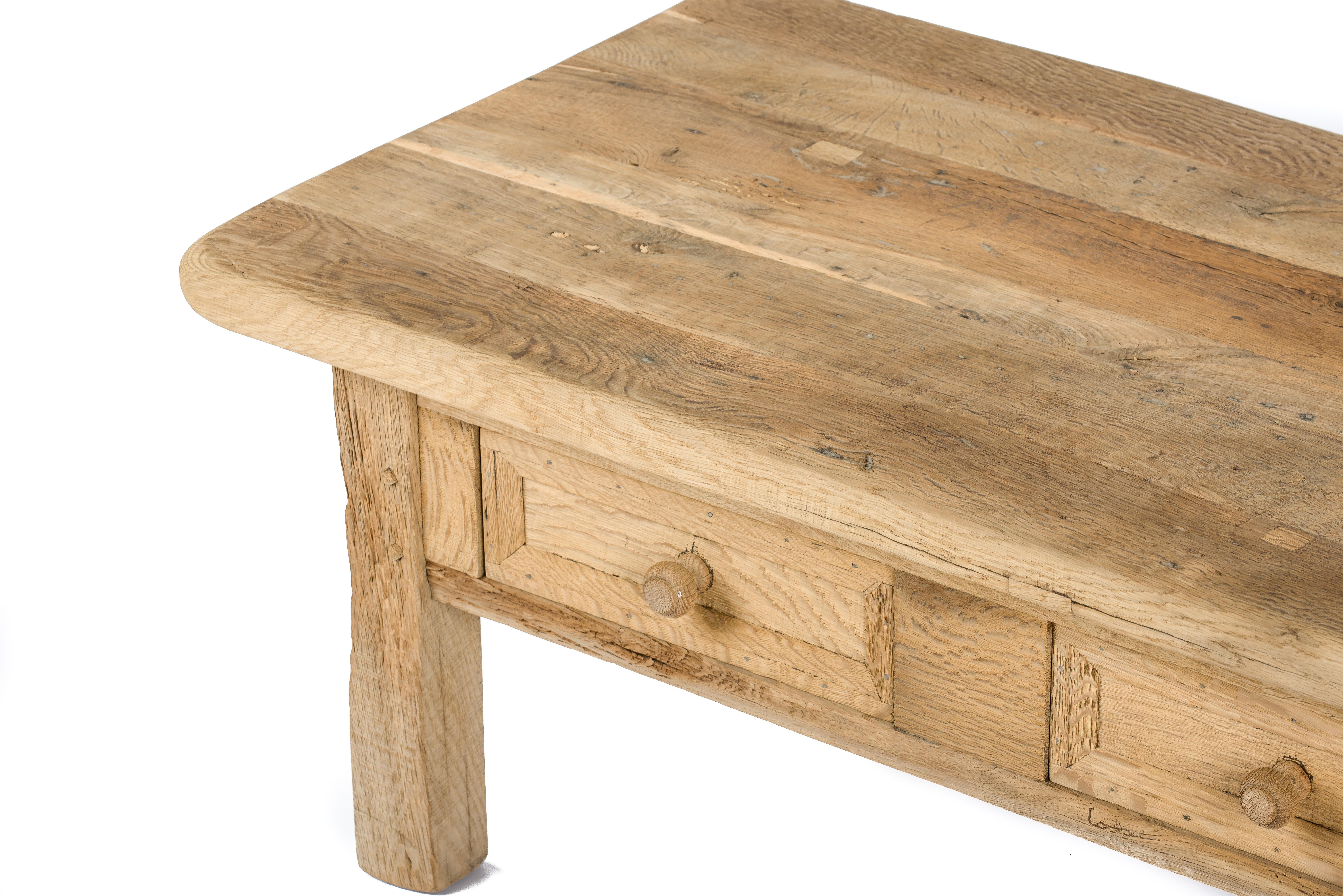 Rustic Mid-Century Solid Weathered Oak Coffee Table with Two Drawers For Sale 2
