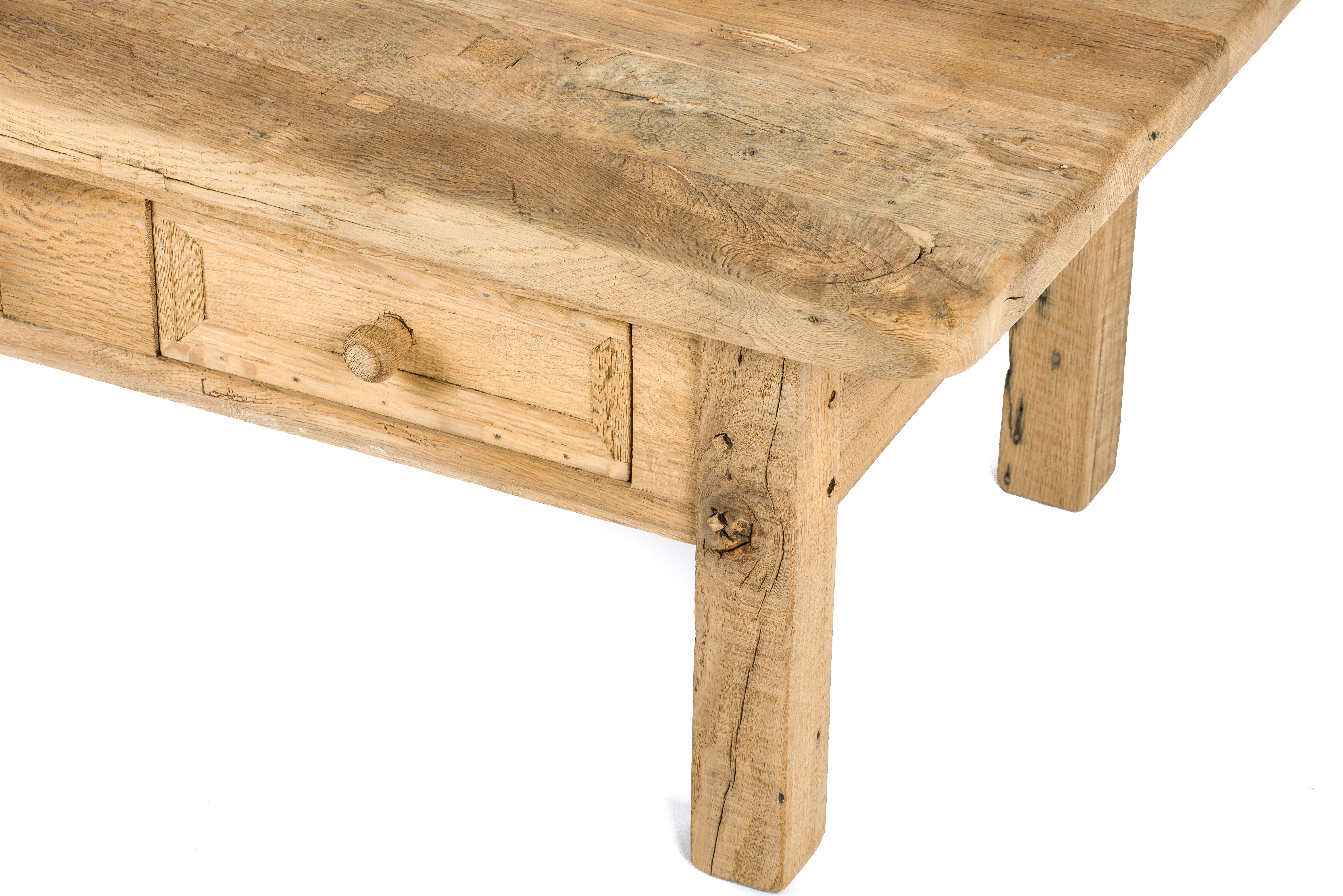 Rustic Mid-Century Solid Weathered Oak Coffee Table with Two Drawers For Sale 3