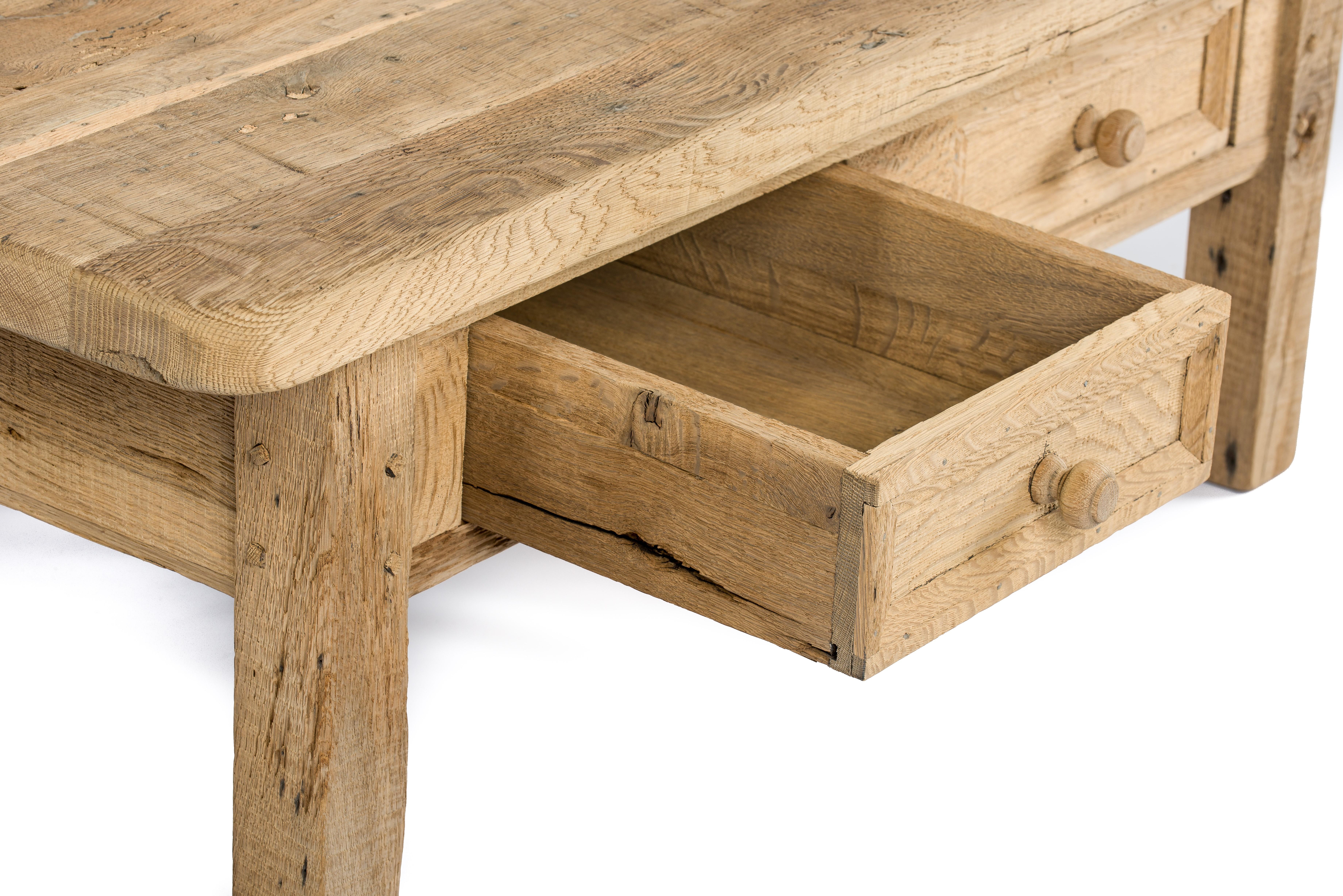 Rustic Mid-Century Solid Weathered Oak Coffee Table with Two Drawers For Sale 5