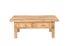 Rustic Mid-Century Solid Weathered Oak Coffee Table with Two Drawers