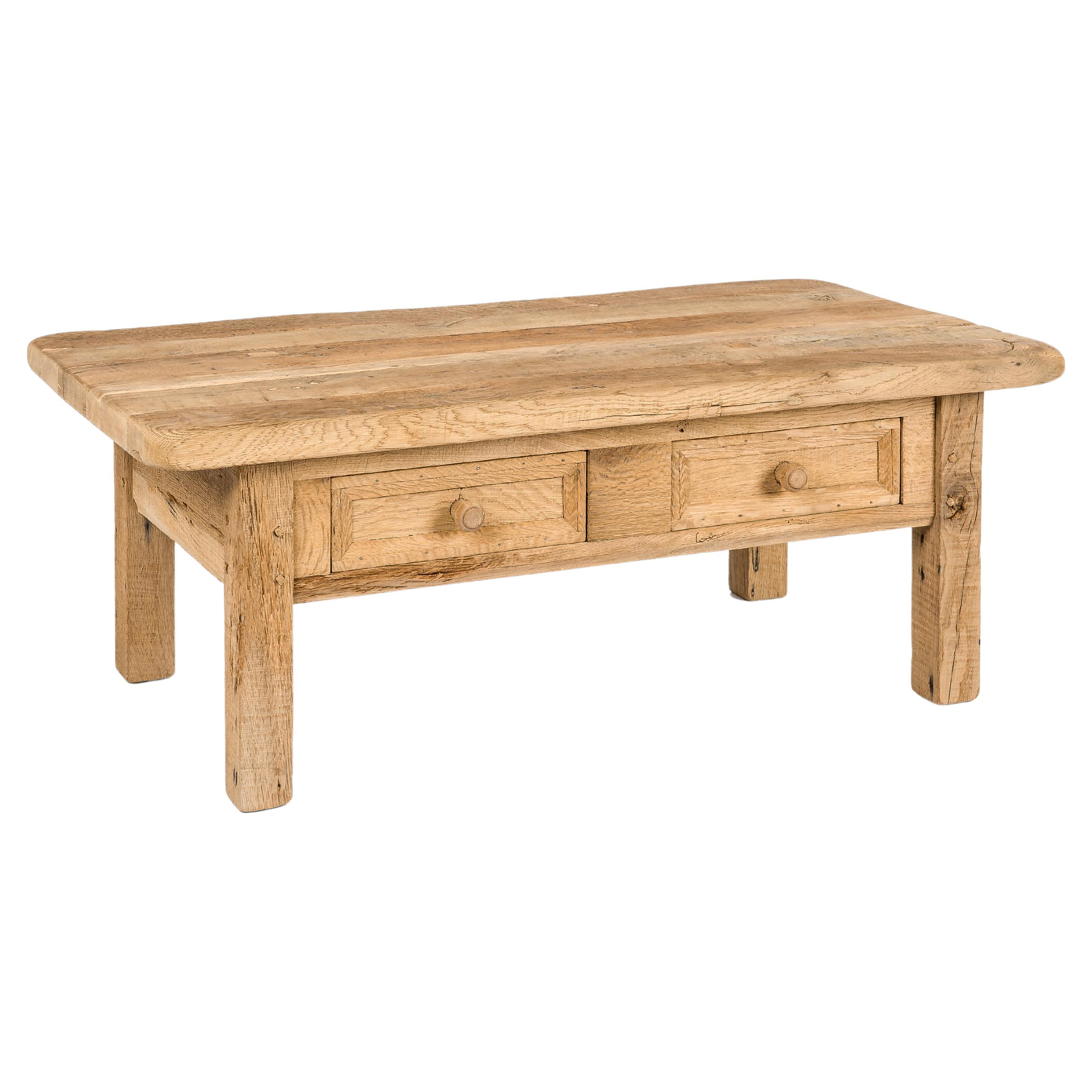 Rustic Mid-Century Solid Weathered Oak Coffee Table with Two Drawers