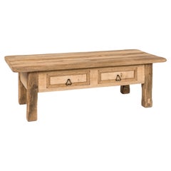 Rustic Mid-Century Solid Weathered Oak Coffee Table with Two Drawers