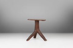 Rustic mid-century wooden stool with legs made of a tree branch, France 1850