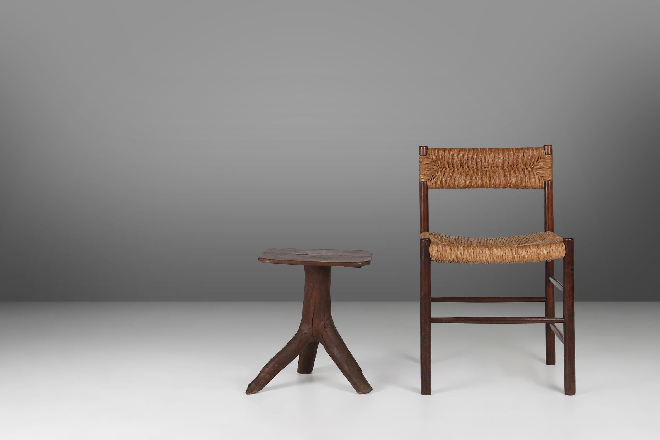 French Rustic mid-century wooden stool with legs made of a tree branch, France, 1850 For Sale