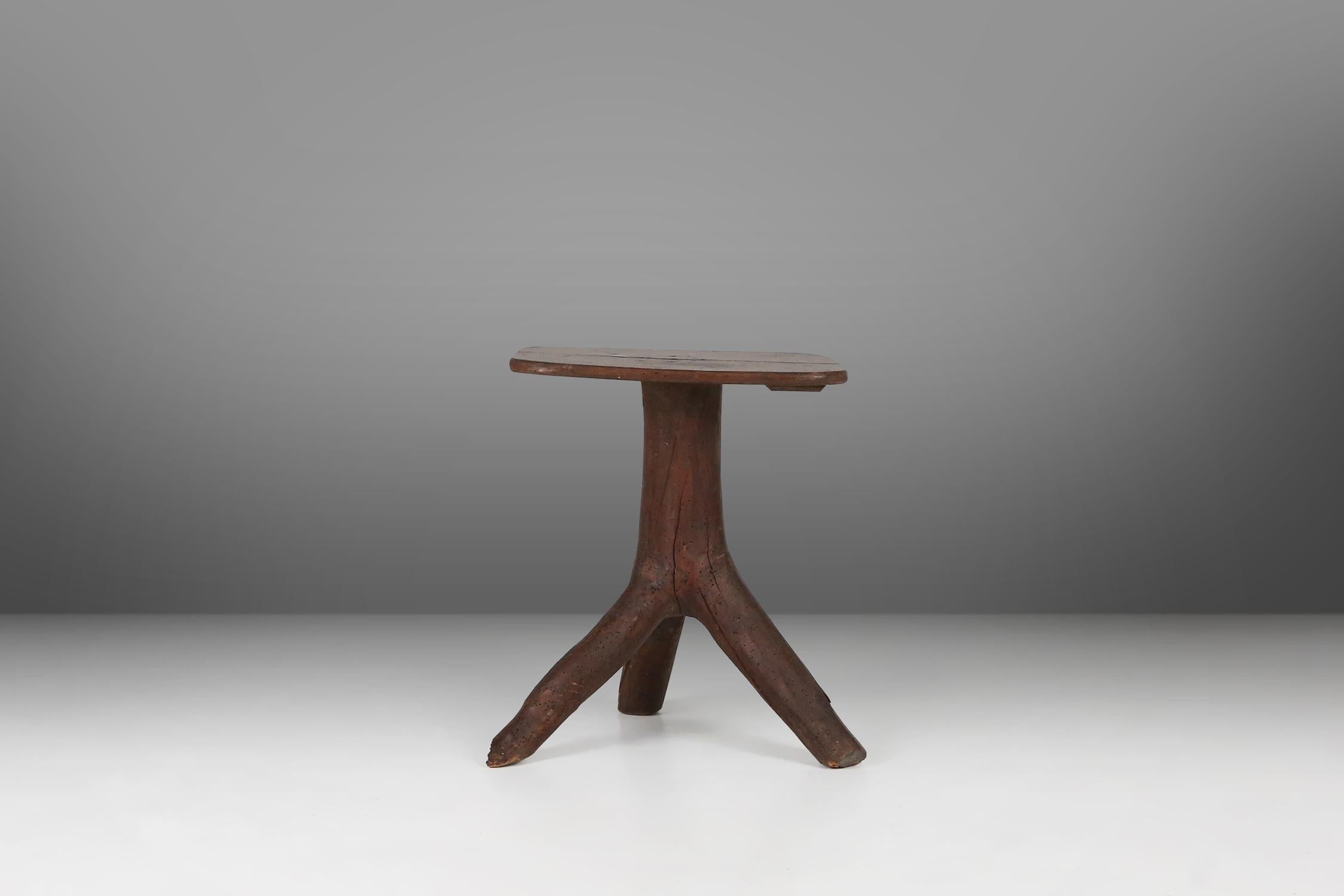 Hand-Crafted Rustic mid-century wooden stool with legs made of a tree branch, France, 1850 For Sale