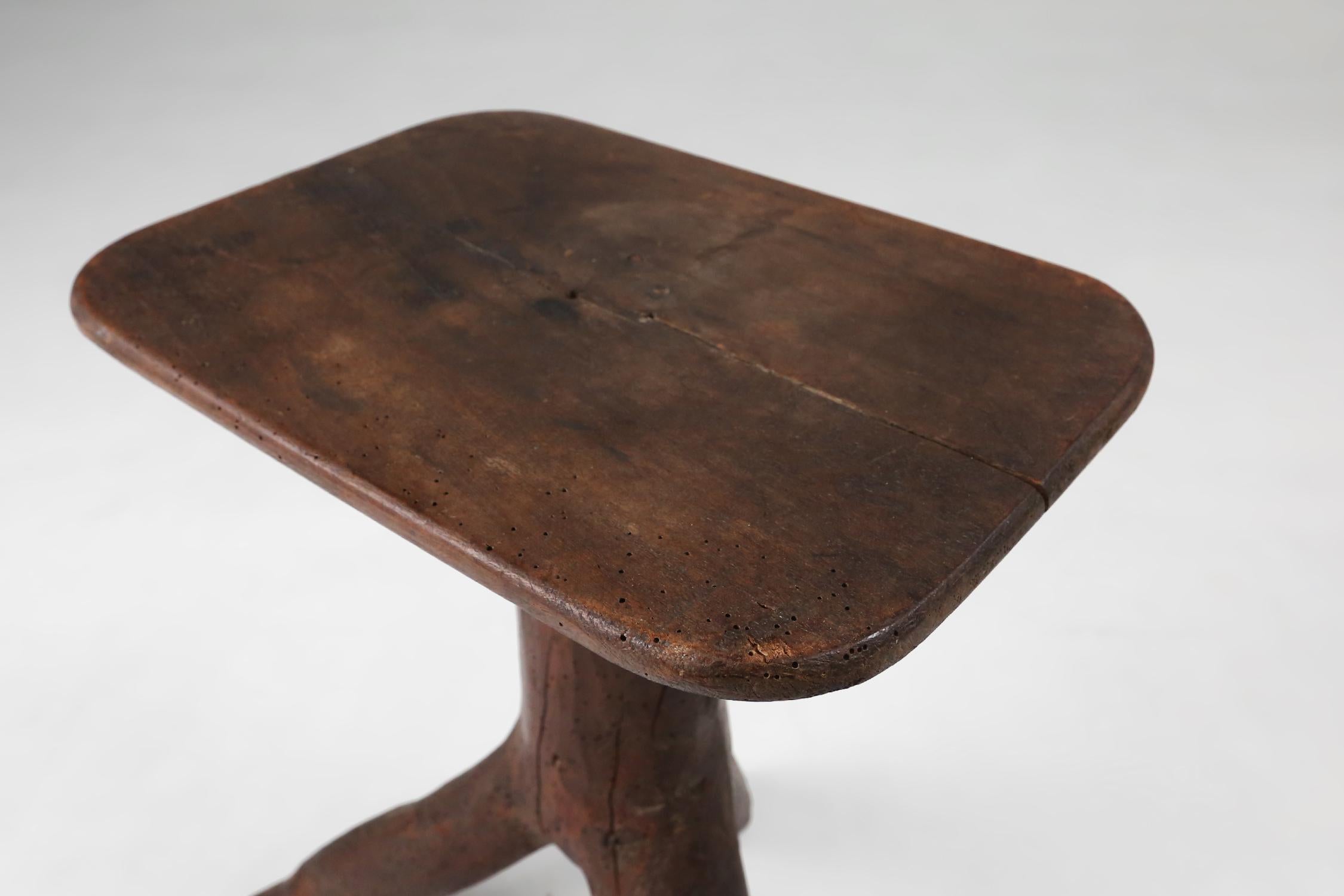 Mid-19th Century Rustic mid-century wooden stool with legs made of a tree branch, France, 1850 For Sale