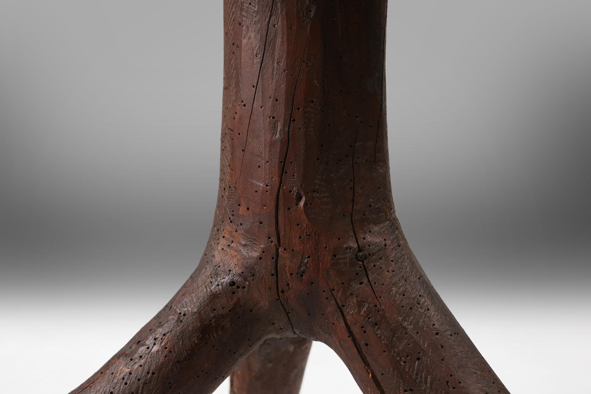 Wood Rustic mid-century wooden stool with legs made of a tree branch, France, 1850 For Sale