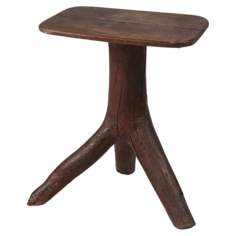 Rustic mid-century wooden stool with legs made of a tree branch, France, 1850 For Sale