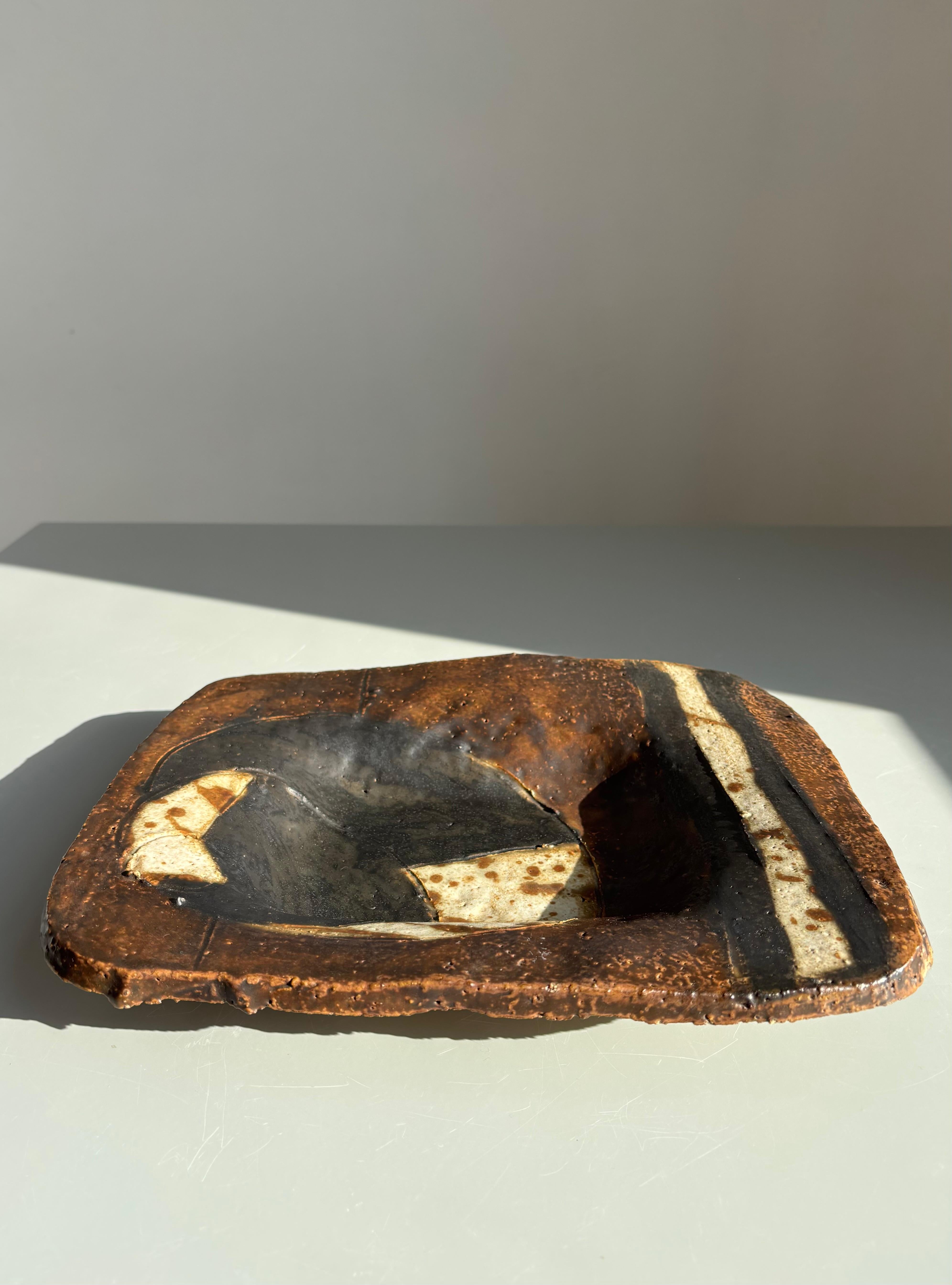 Mid-Century Modern Rustic Midcentury Ceramic Art Plate, 1979 For Sale
