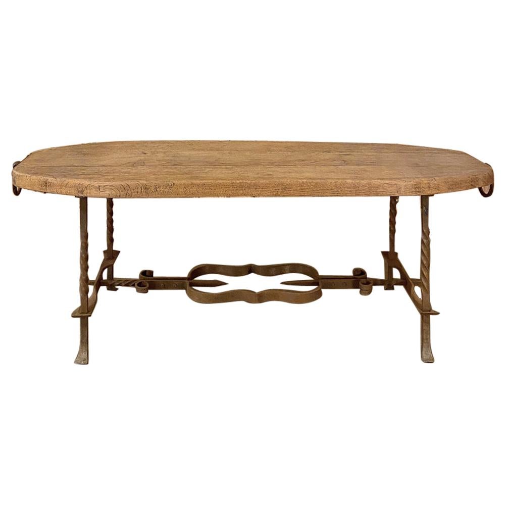 Rustic Midcentury Oak and Wrought Iron Coffee Table