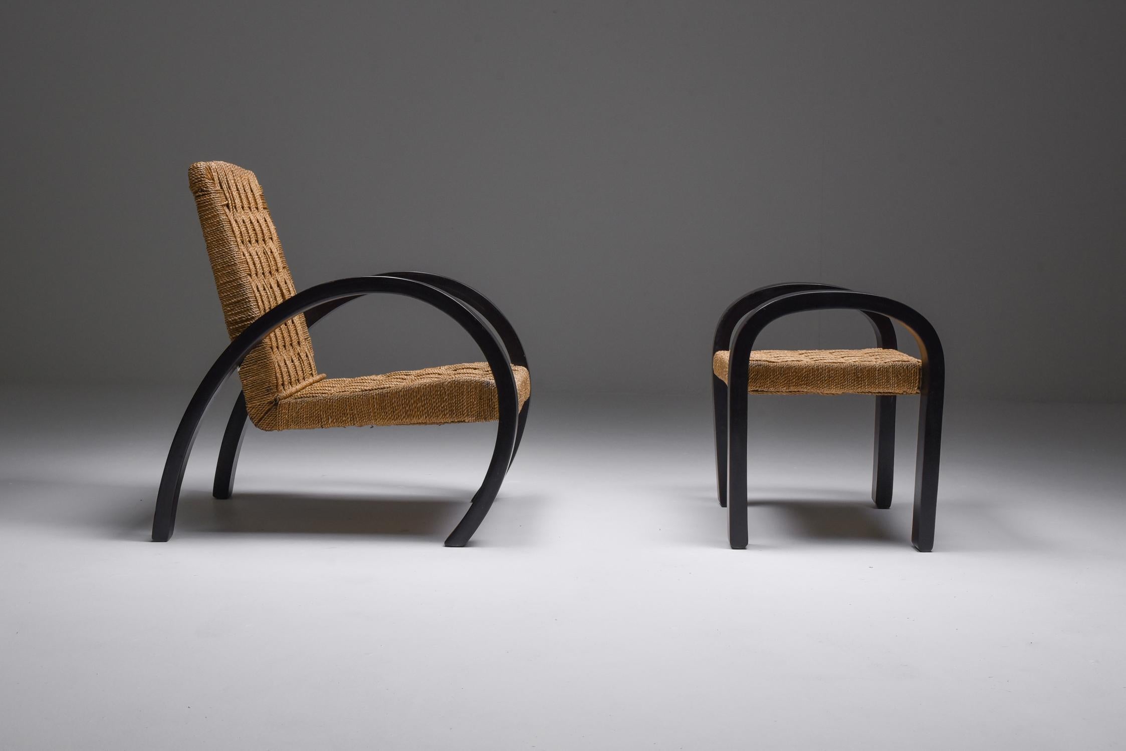 Cord Rustic Modern Armchairs with Ottoman