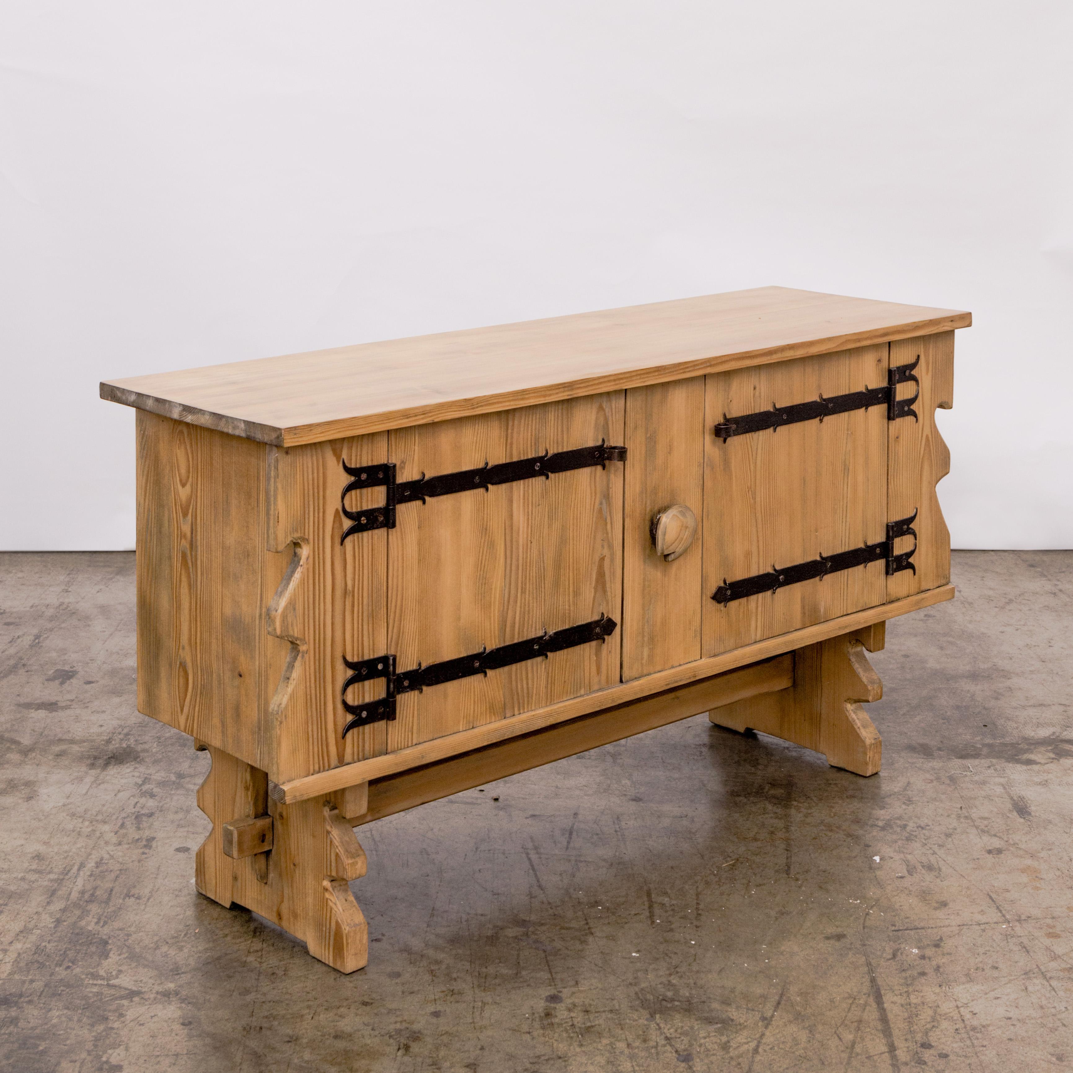 Rustic modern bleached pine cabinet with turn-lock handle and metal bracket strap hinge details, France circa 1960's.