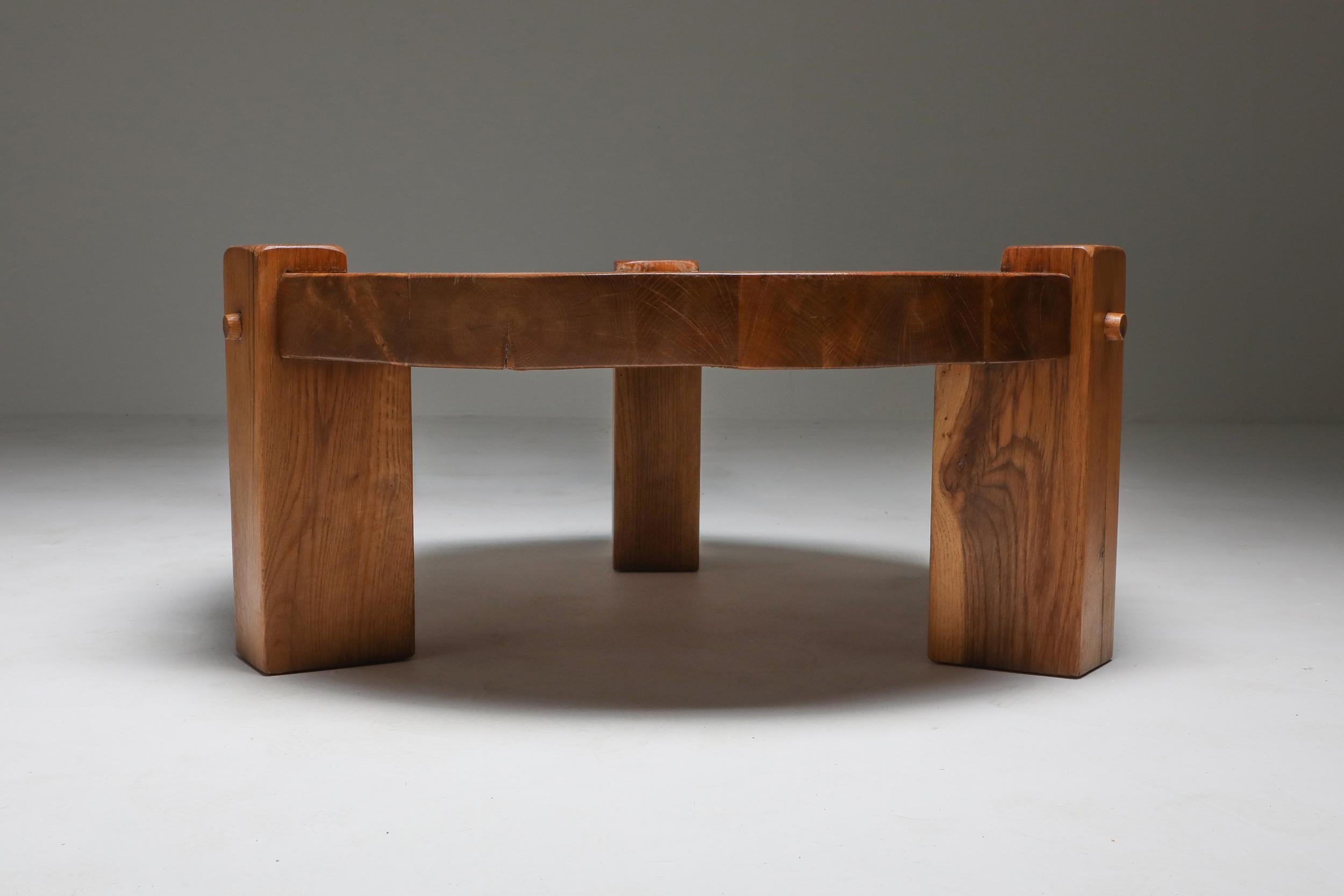 Naturalist wabi sabi artisan piece in solid oak.
A thick top on four legs, made in Europe, the 1960s. 
Would fit well in an Axel Vervoordt inspired interior. 
Integrates Brutalist and wabi-sabi qualities in your decor.

  