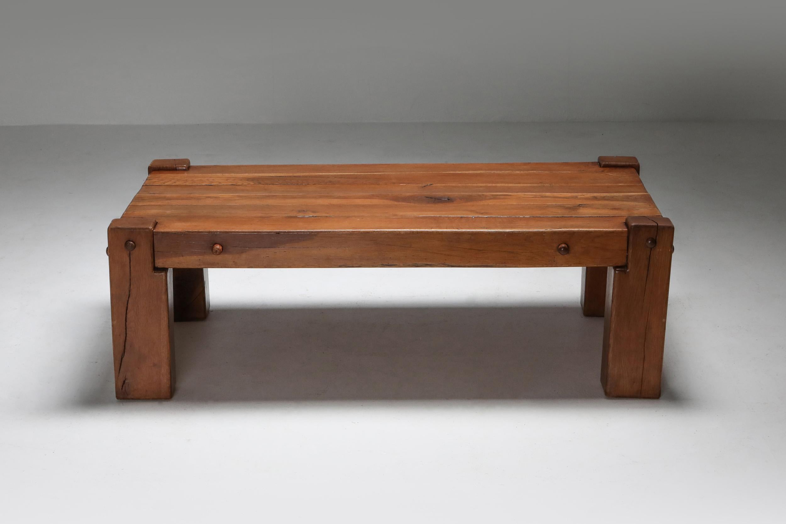 Wabi sabi rustic modern chalet coffee table in solid oak.
Artisan piece from France, in the 1960s.
Would fit well in an Axel Vervoordt inspired decor.

 