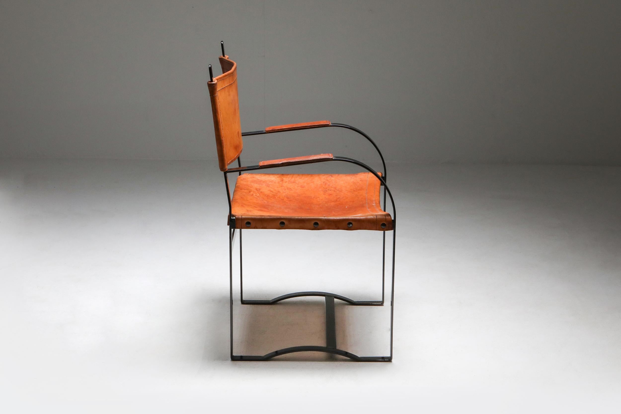 European Rustic Modern Cognac Leather Chair For Sale
