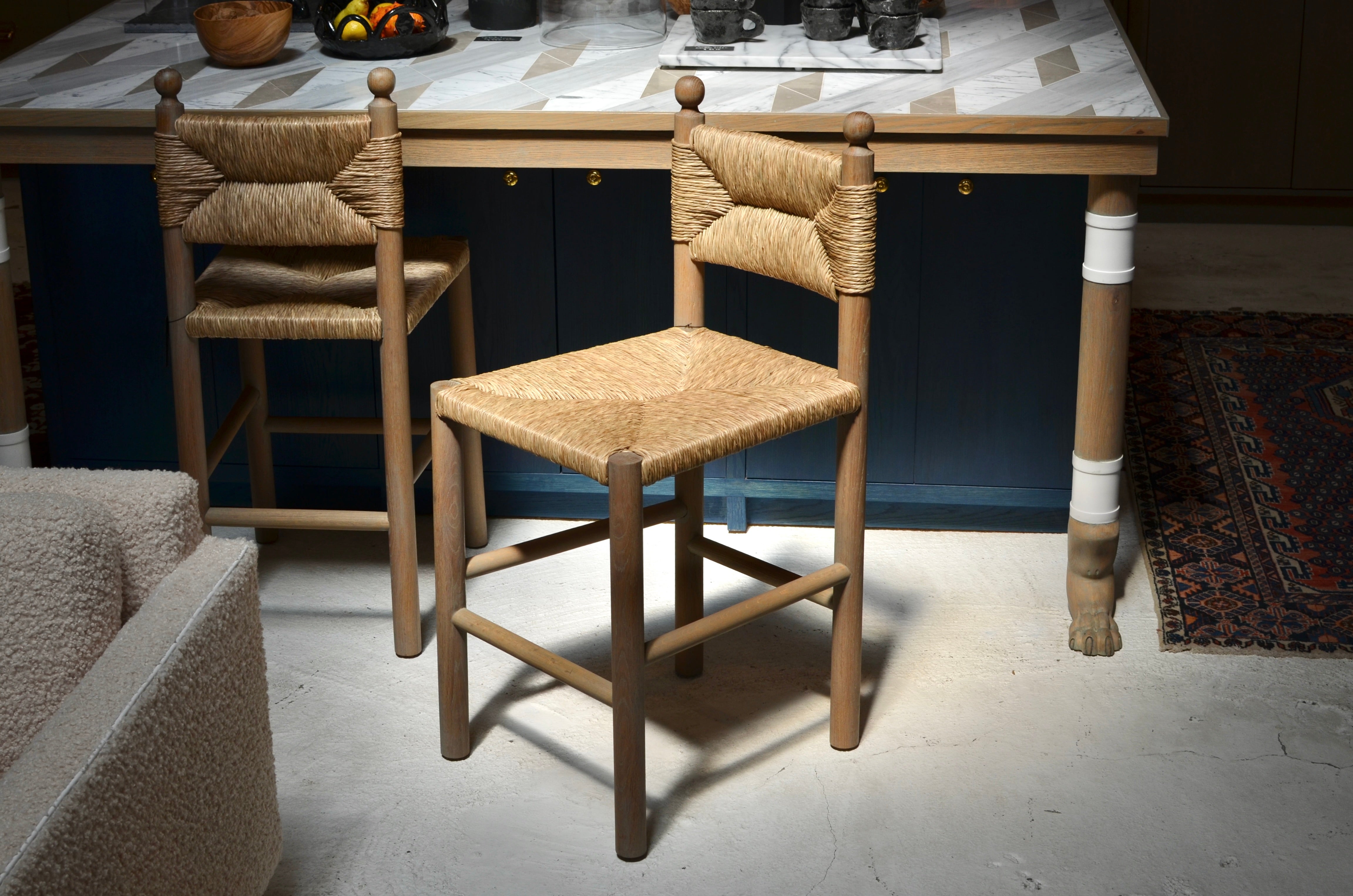 Rustic Modern Counter Stool in Rush by Martin & Brockett, Finial Detail For Sale