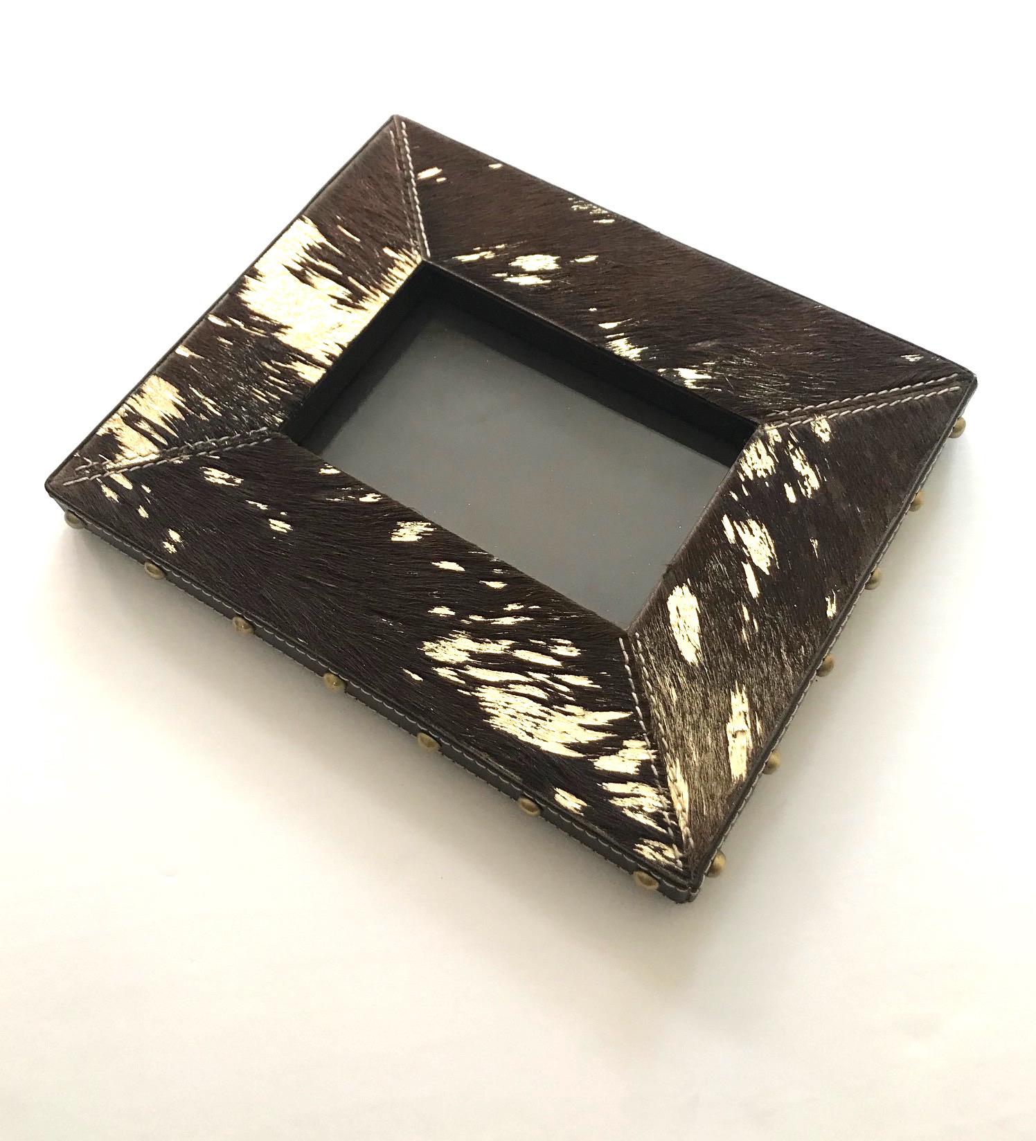 Rustic Modern Cowhide and Gold Metallic Picture Frame 4
