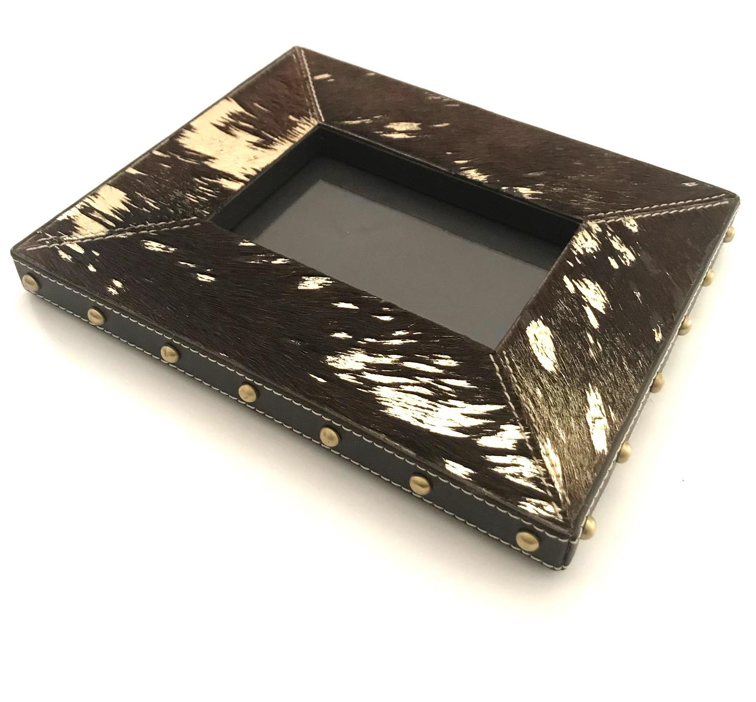 Hand-Crafted Rustic Modern Cowhide and Gold Metallic Picture Frame