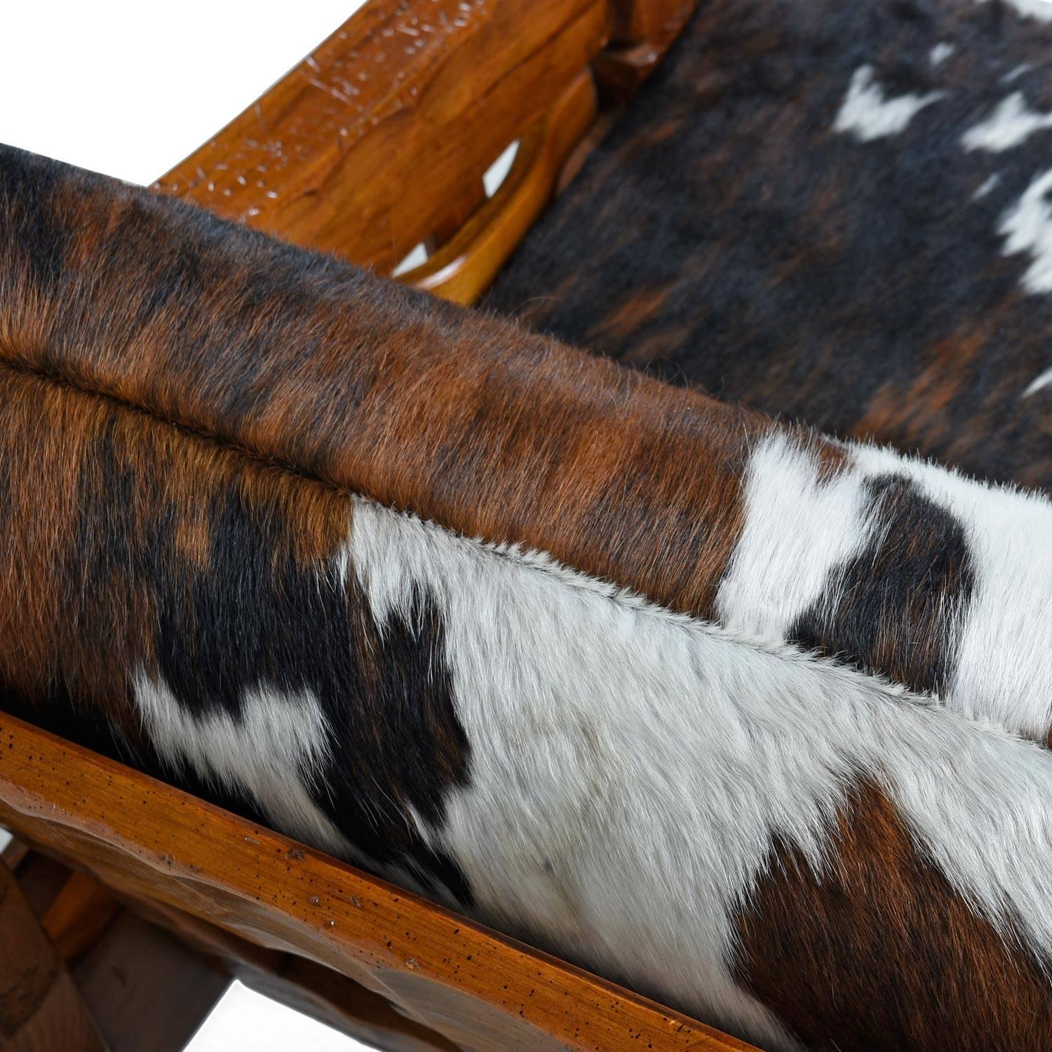 Late 20th Century Rustic Modern Cowhide Leather Solid Pine Lounge Chair & Ottoman by Null