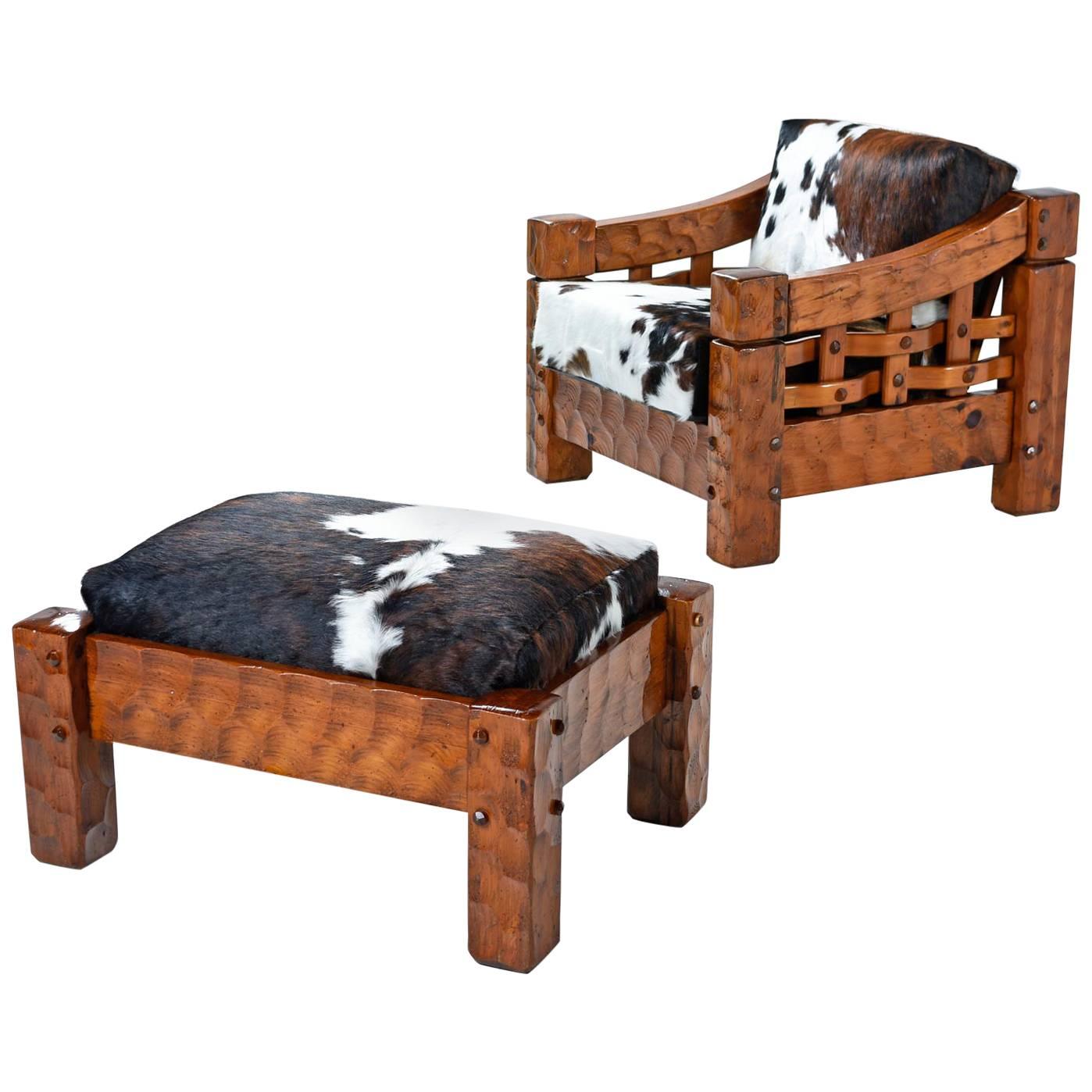 Rustic Modern Cowhide Leather Solid Pine Lounge Chair & Ottoman by Null