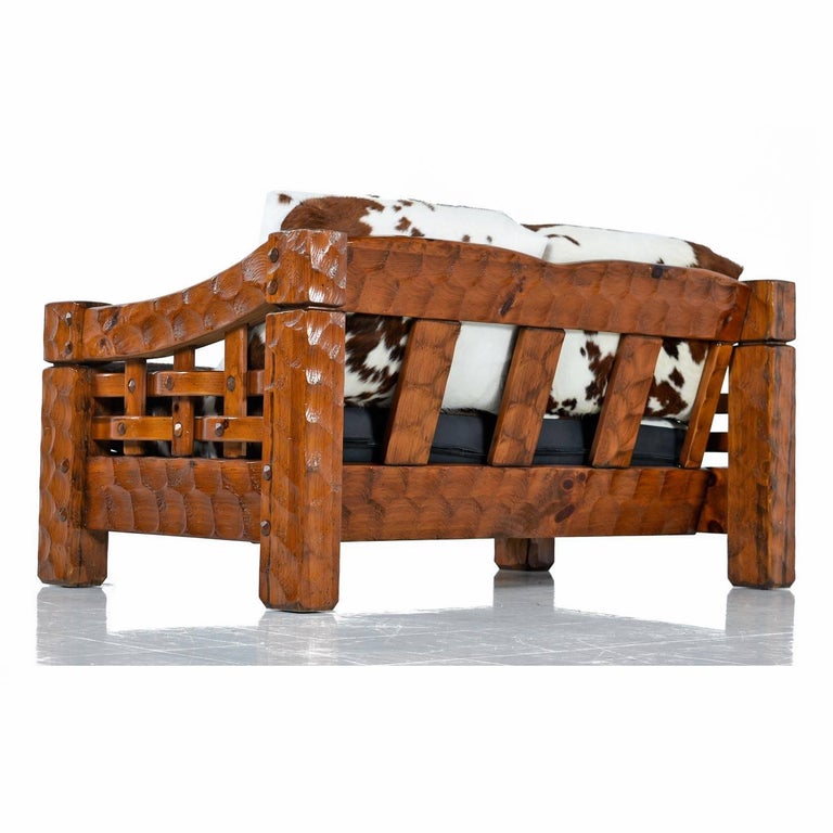 Rustic Modern Cowhide Leather Solid Pine Loveseat Sofa Settee by Null