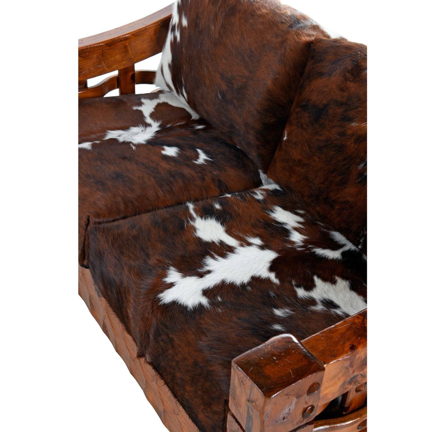 Rustic Modern Cowhide Leather Solid Pine Loveseat Sofa Settee by Null 1