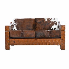 Vintage Rustic Modern Cowhide Leather Solid Pine Loveseat Sofa Settee by Null