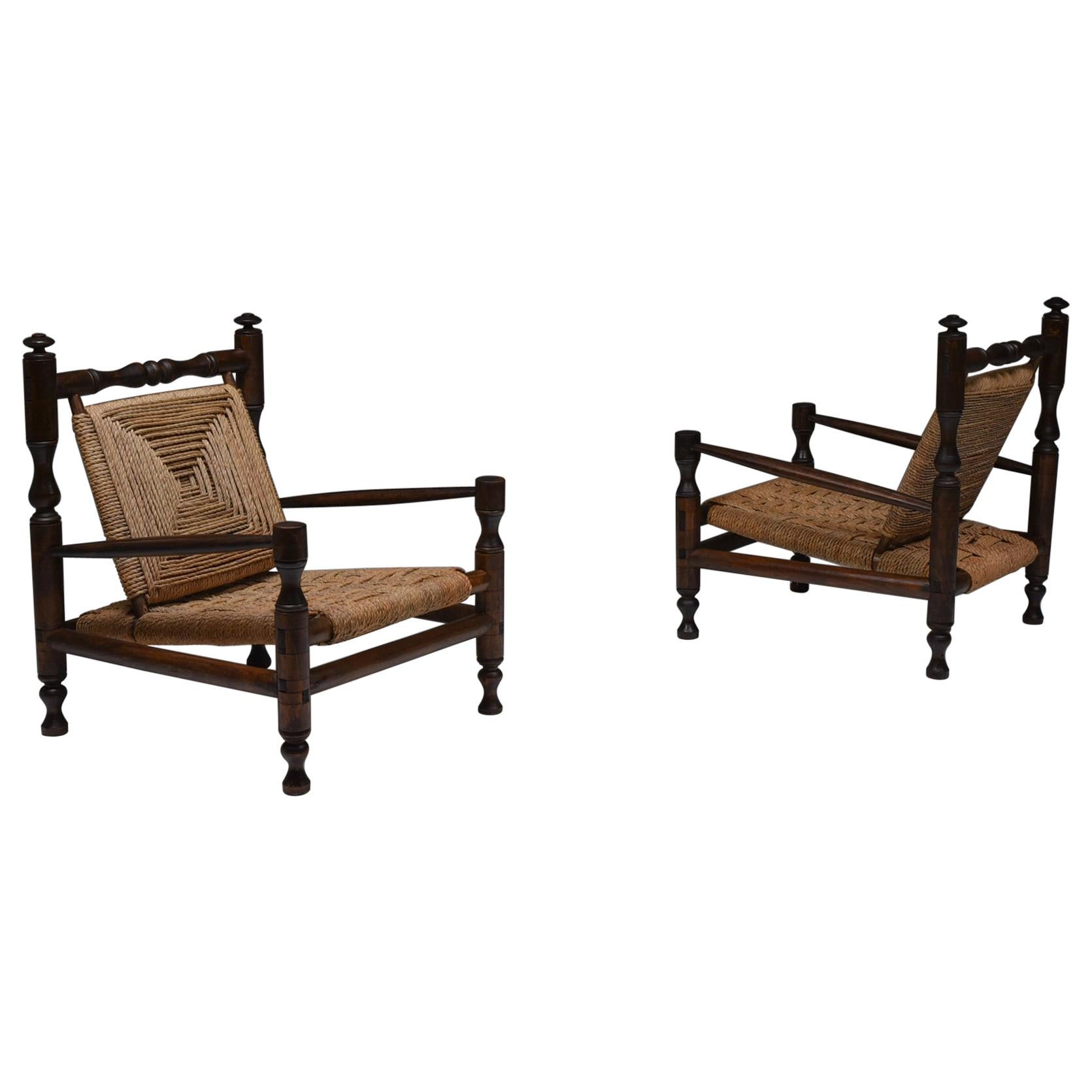 Rustic Modern French Rush Armchairs in Stained Wood