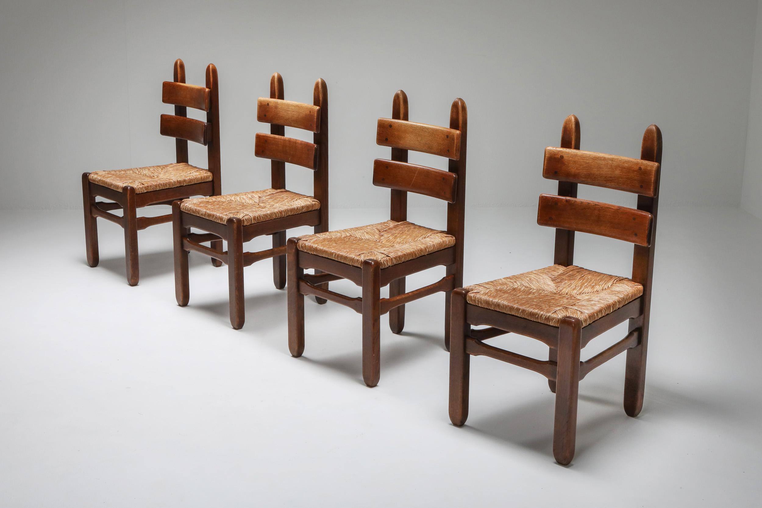 French Rustic Modern Oak and Cord Chairs