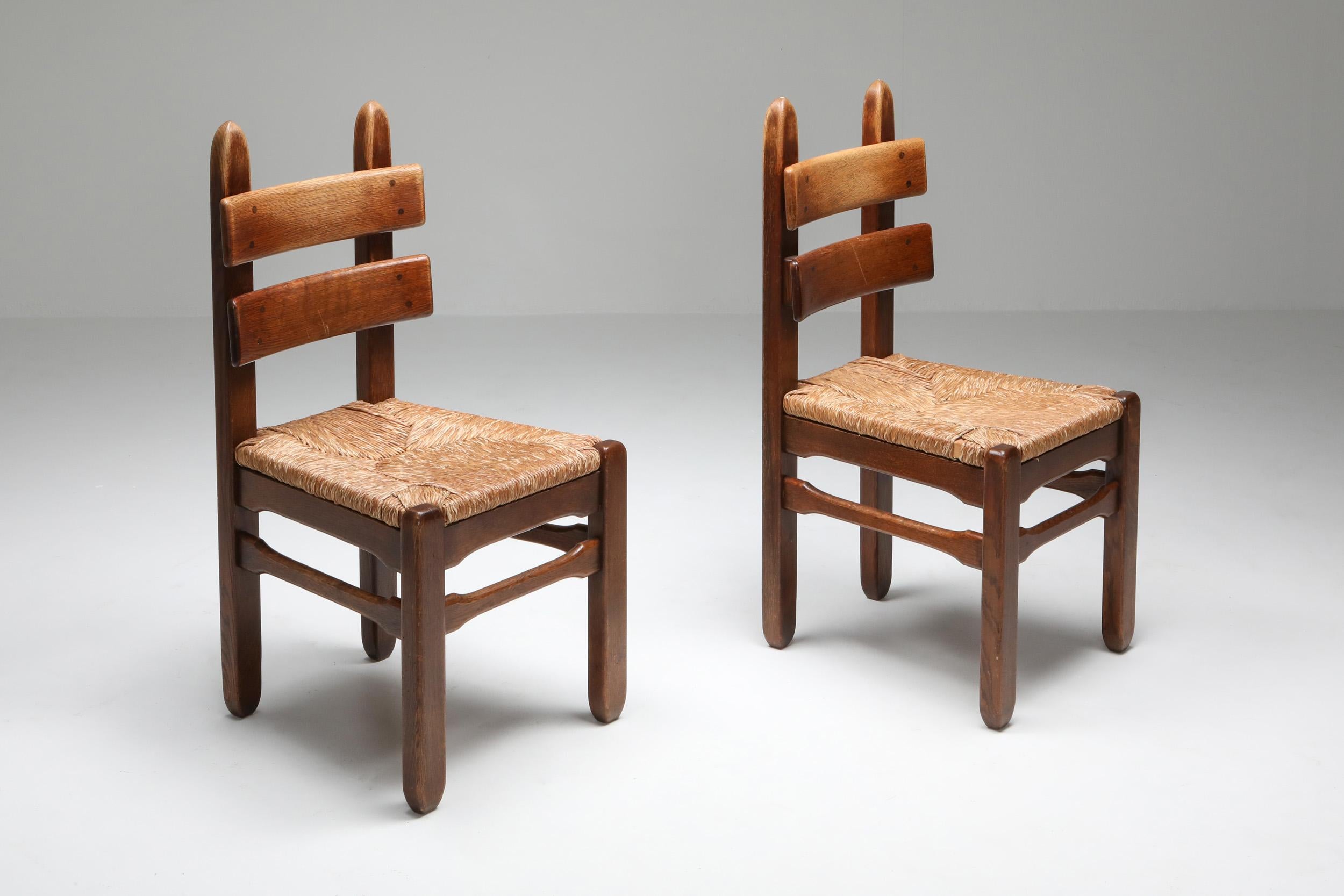 20th Century Rustic Modern Oak and Cord Chairs