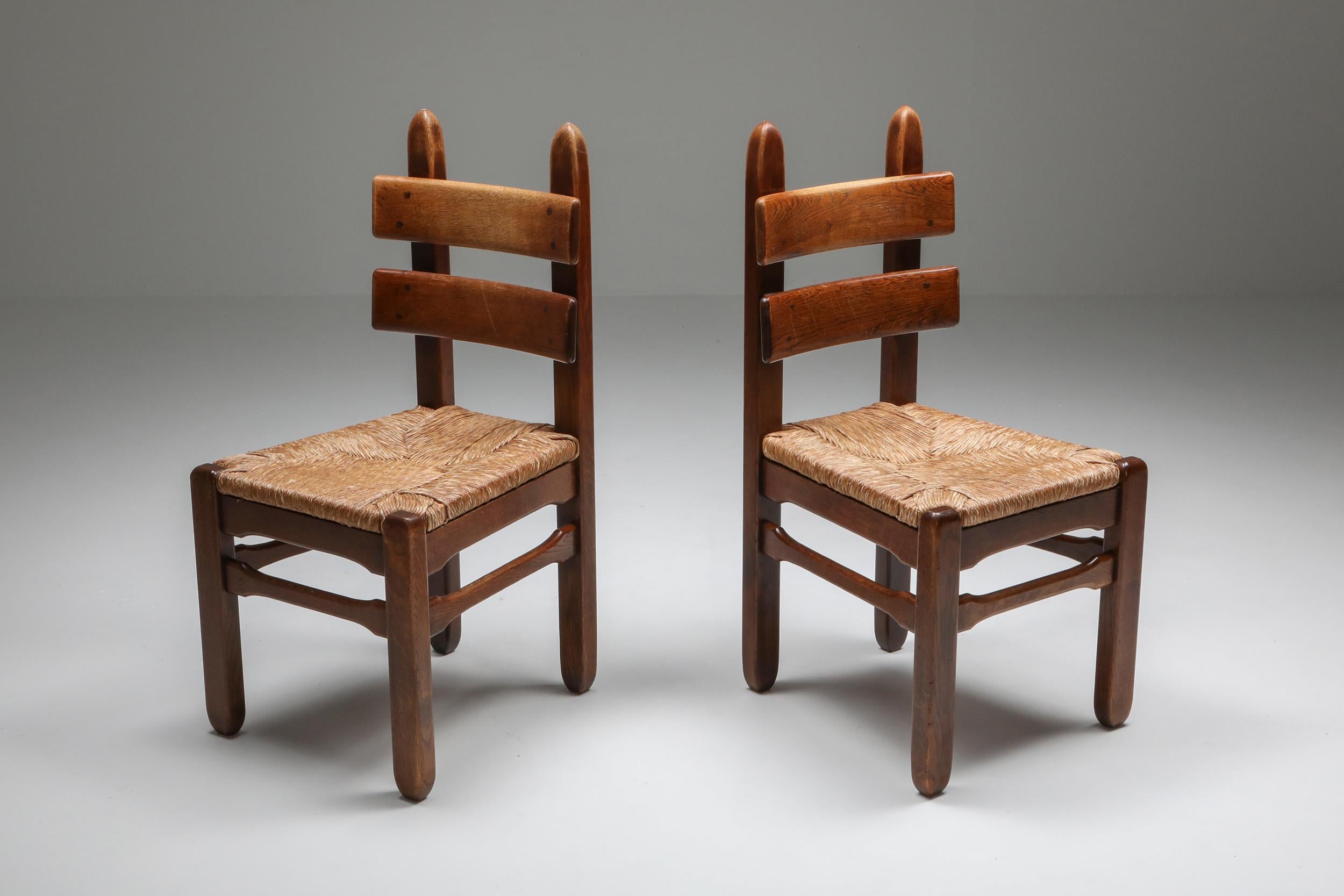 20th Century Rustic Modern Oak and Cord Chairs