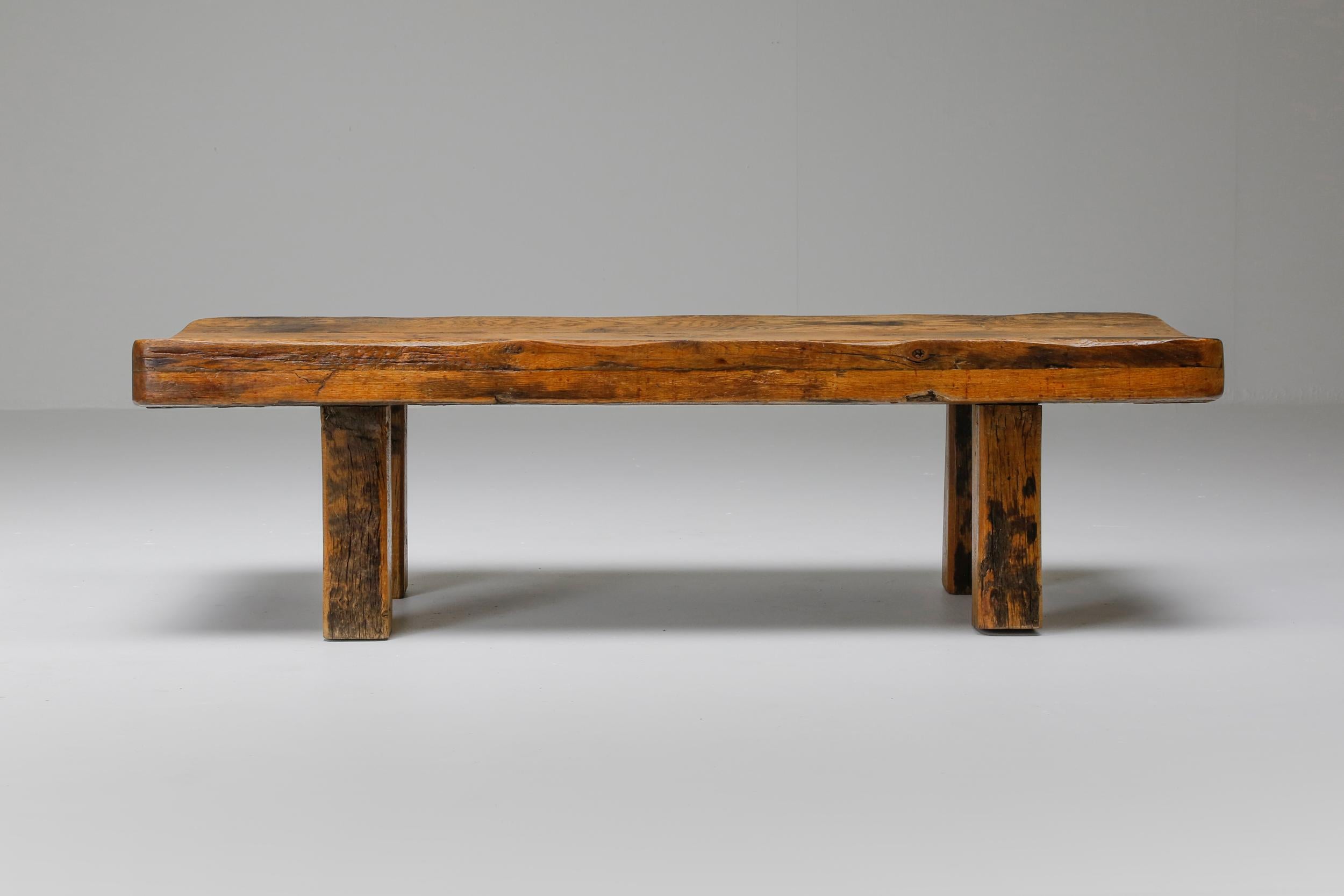 Zen, wabi sabi, coffee table, bench, solid oak, France, Haut-Savoie, 1960

Rustic modern piece that would fit well in a Axel Vervoordt inspired decor.
Shot in profile it's reminiscing of a Japanese shrine, being a perfect example for a wabi sabi