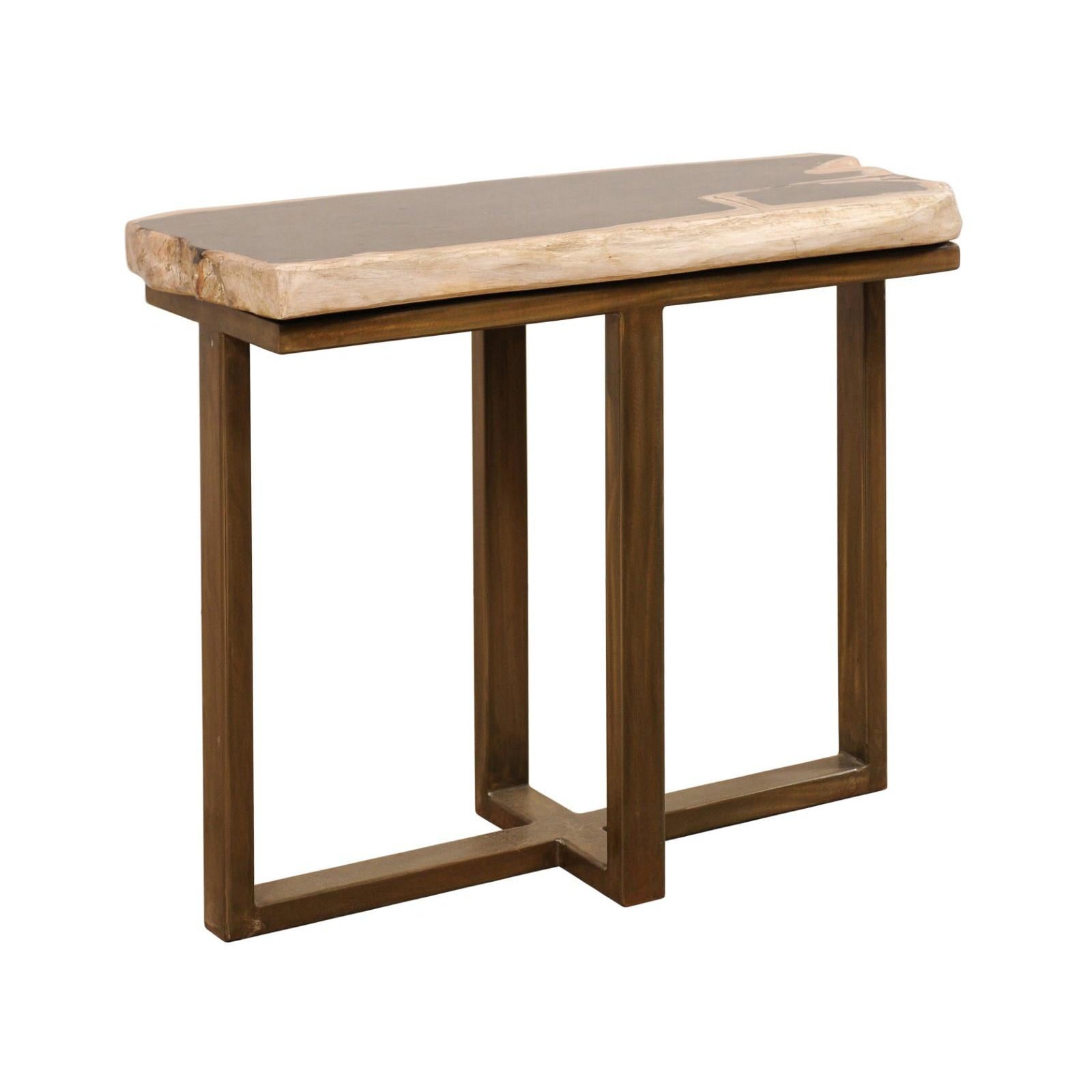 Table console en bois pétrifié sur base moderne personnalisée