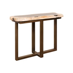 Mesa Consola de Madera Petrificada Pulida con Base de Hierro Moderna Mesa Consola de Madera Petrificada Pulida con Base de Hierro Moderna