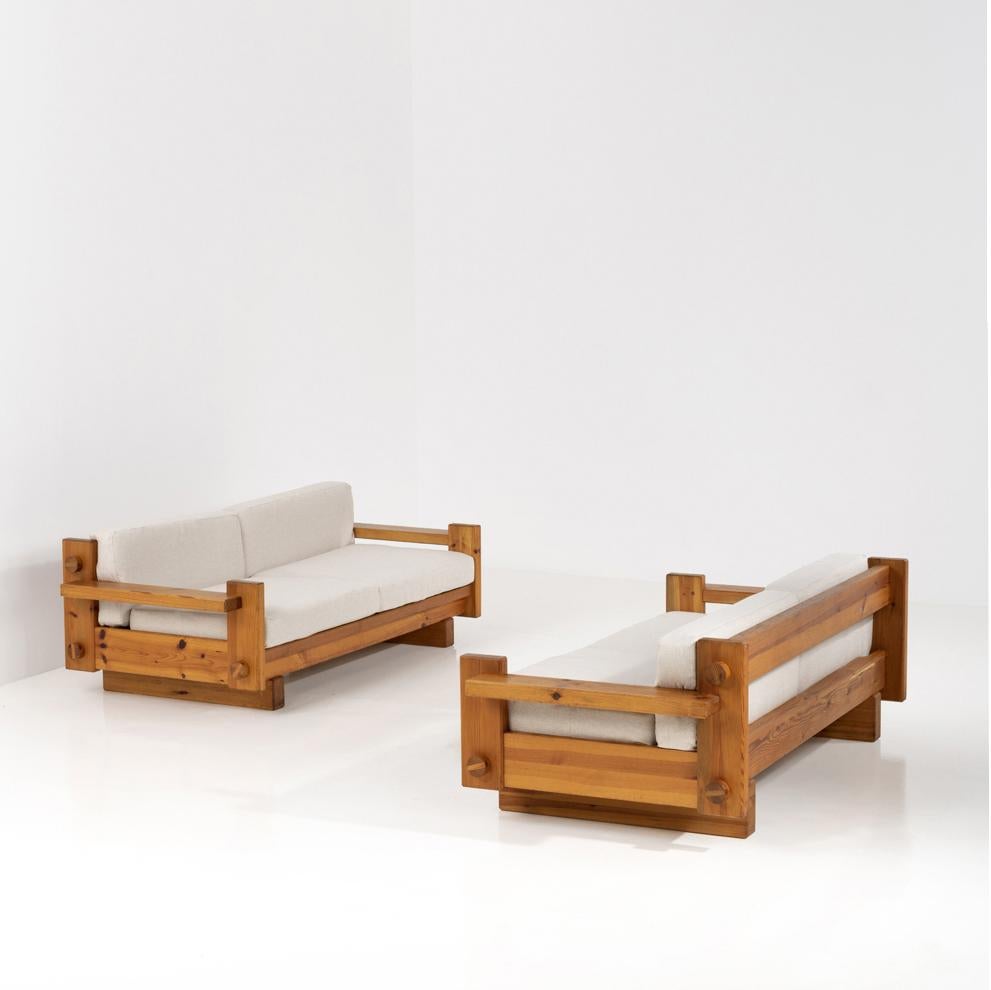 Pine Framed Sofas, 1970’s, Sweden. 

This pair of rare sofas exudes confidence and style. Their humble material belies their sophisticated design-- a masterful study of proportion and planes. Their impactful scale, materiality and joinery system